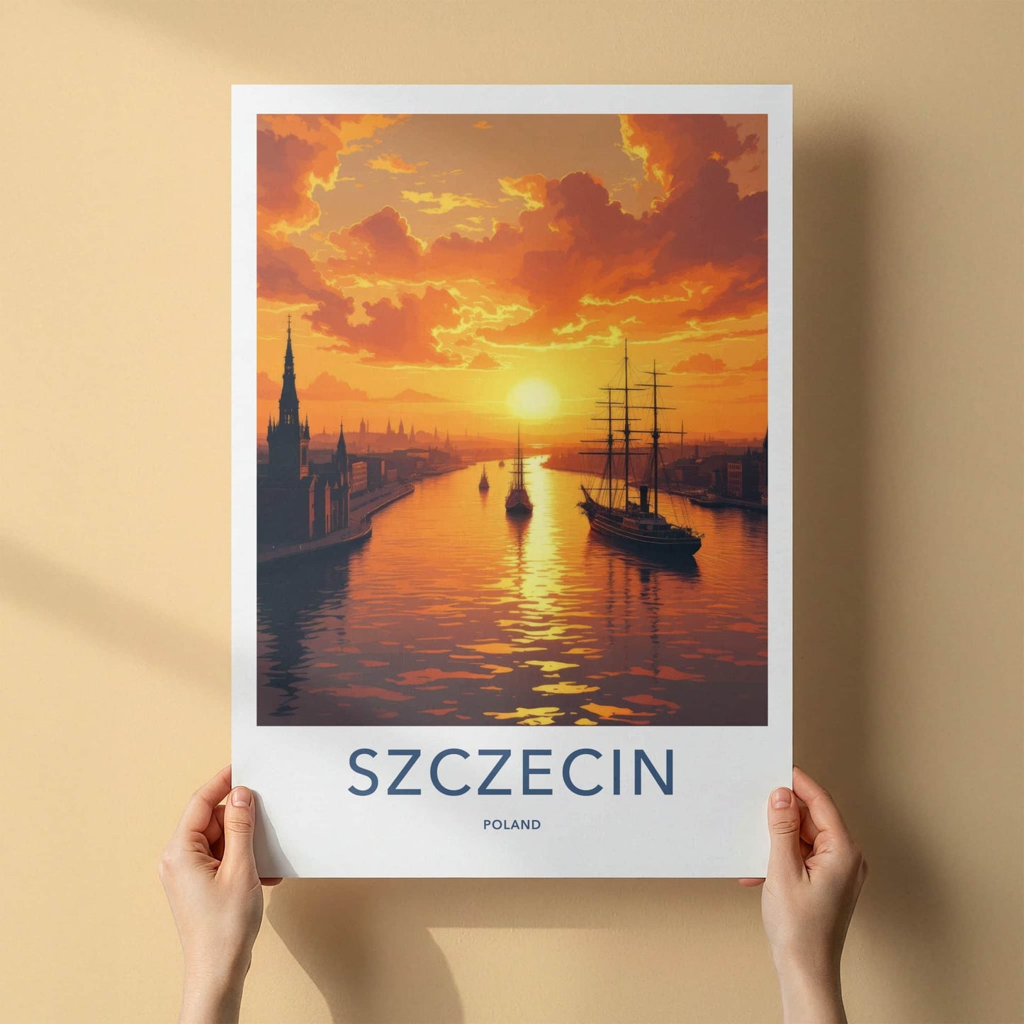 SZCZECIN Poster - Poland Travel Art - Vibrant Sunset Harbor Wall Decor