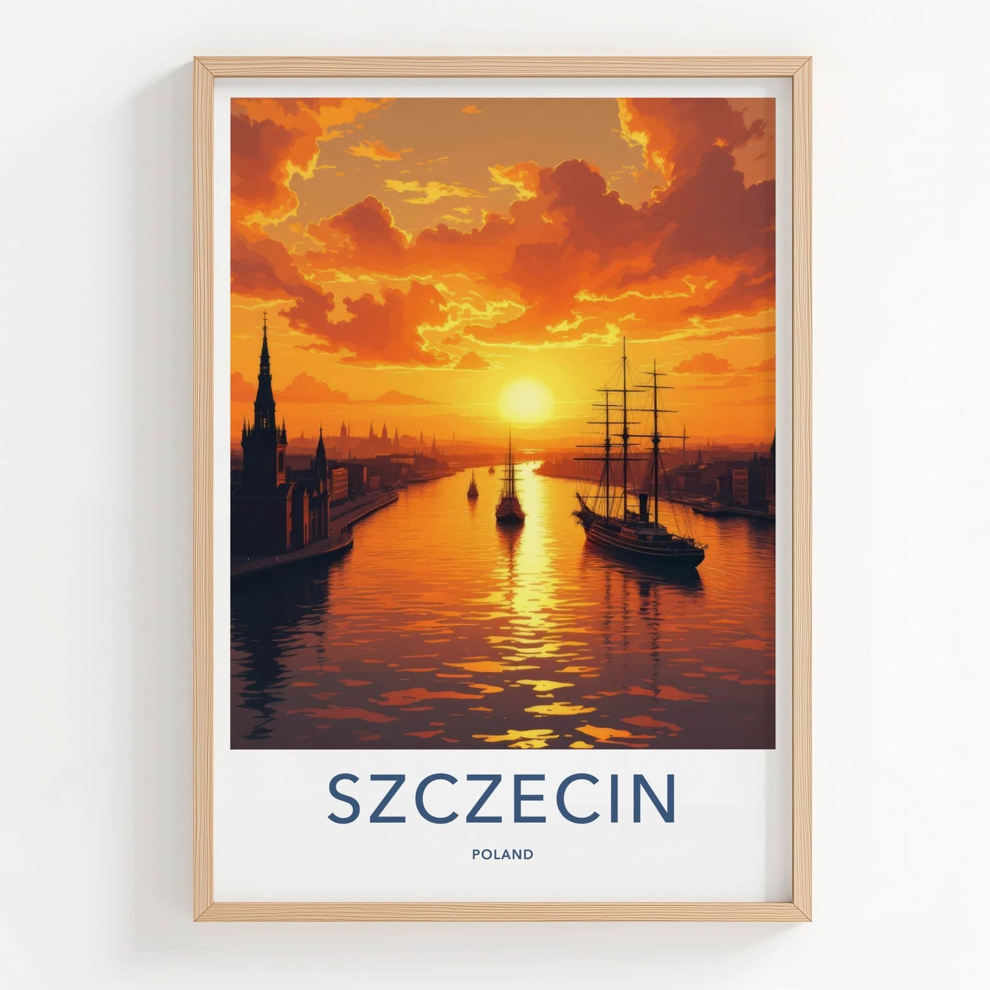 SZCZECIN Poster - Poland Travel Art - Vibrant Sunset Harbor Wall Decor