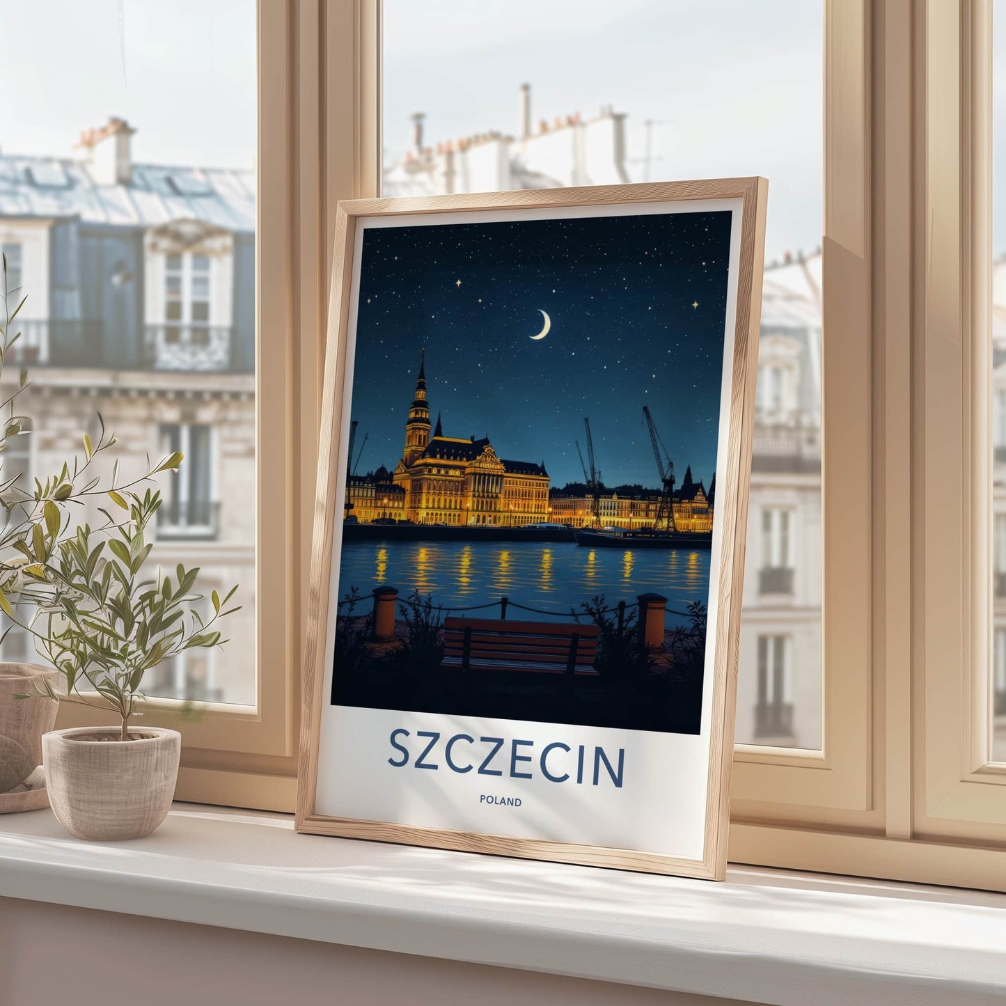 Szczecin Poster - Poland Travel Print - Illuminated Cityscape River Home Decor