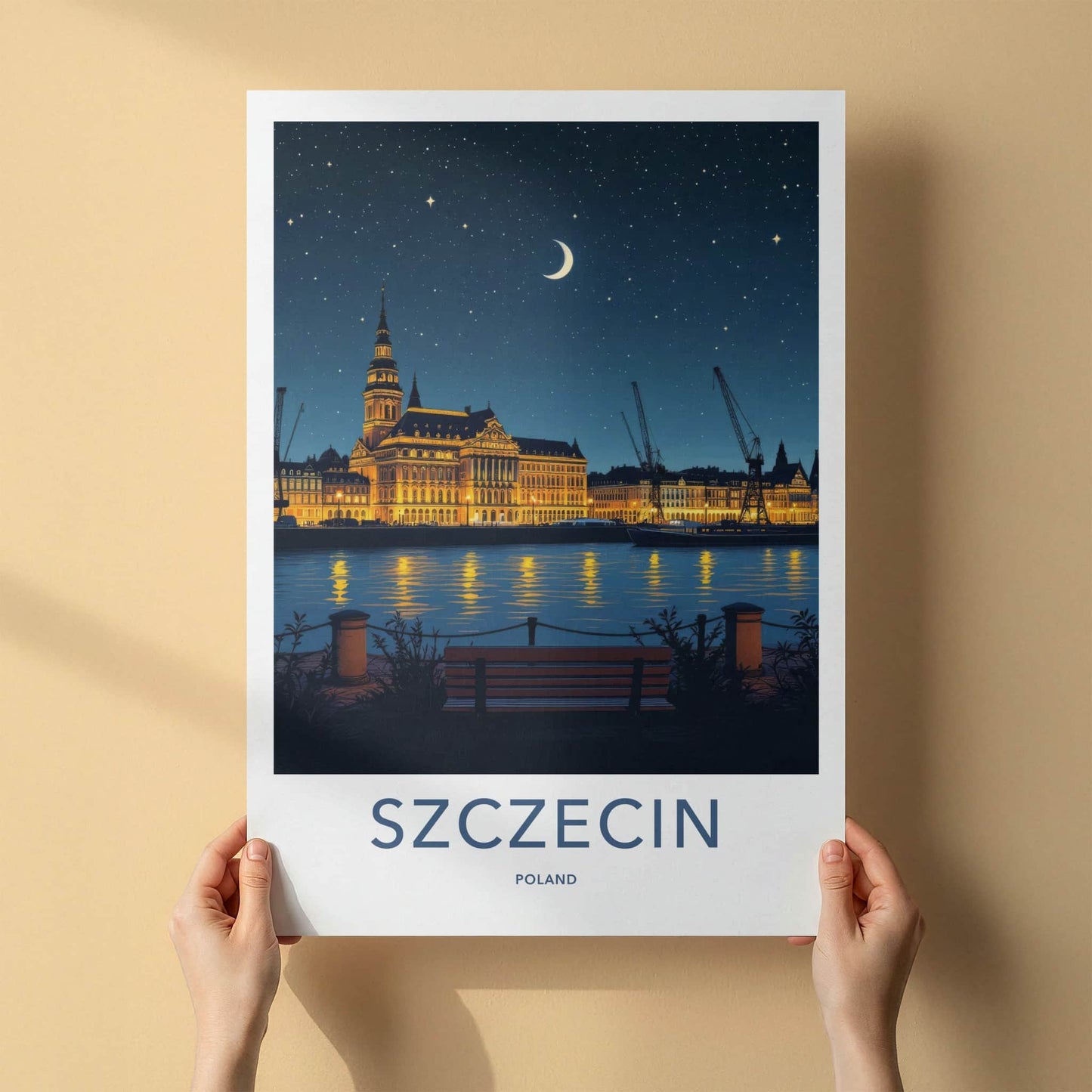 Szczecin Poster - Poland Travel Print - Illuminated Cityscape River Home Decor