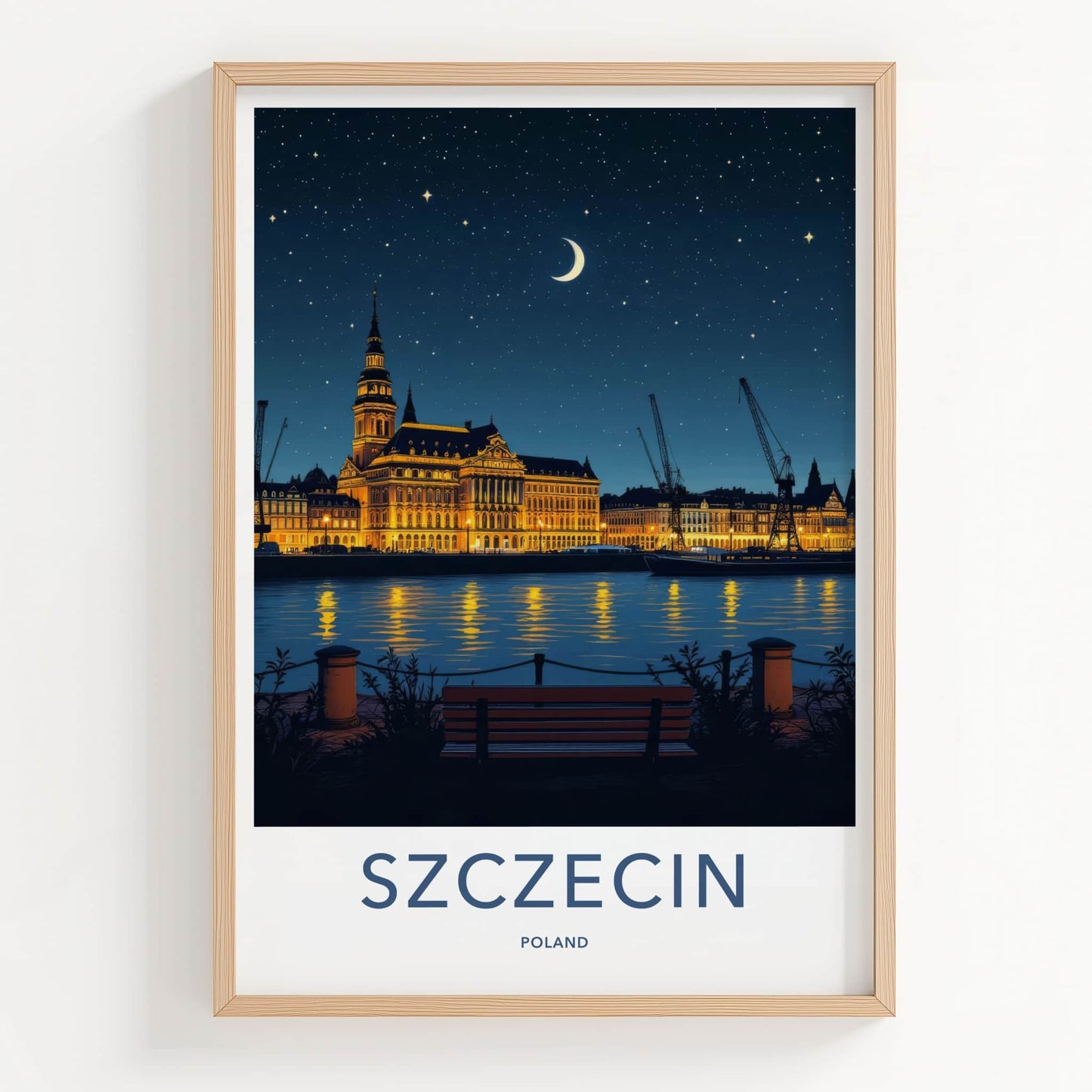 Szczecin Poster - Poland Travel Print - Illuminated Cityscape River Home Decor
