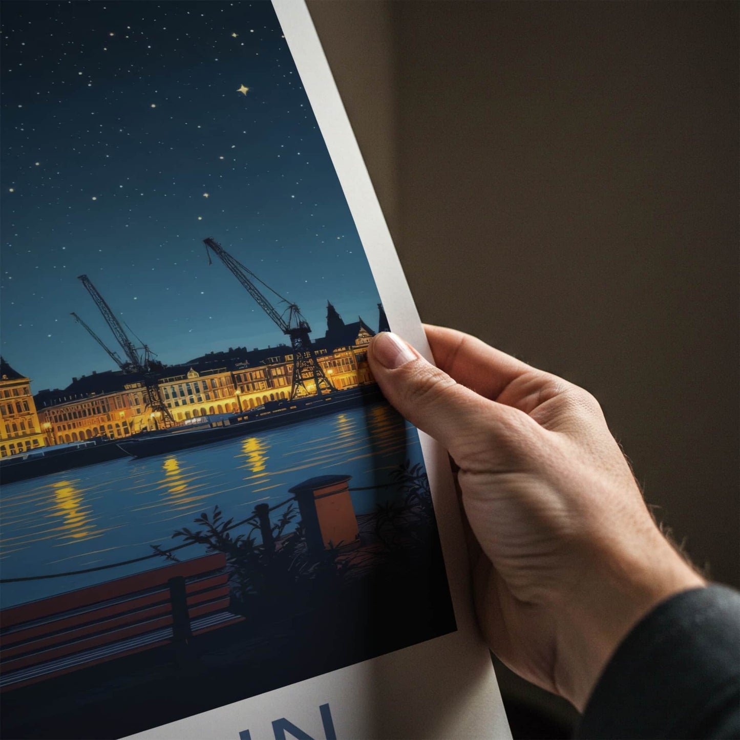 Szczecin Poster - Poland Travel Print - Illuminated Cityscape River Home Decor