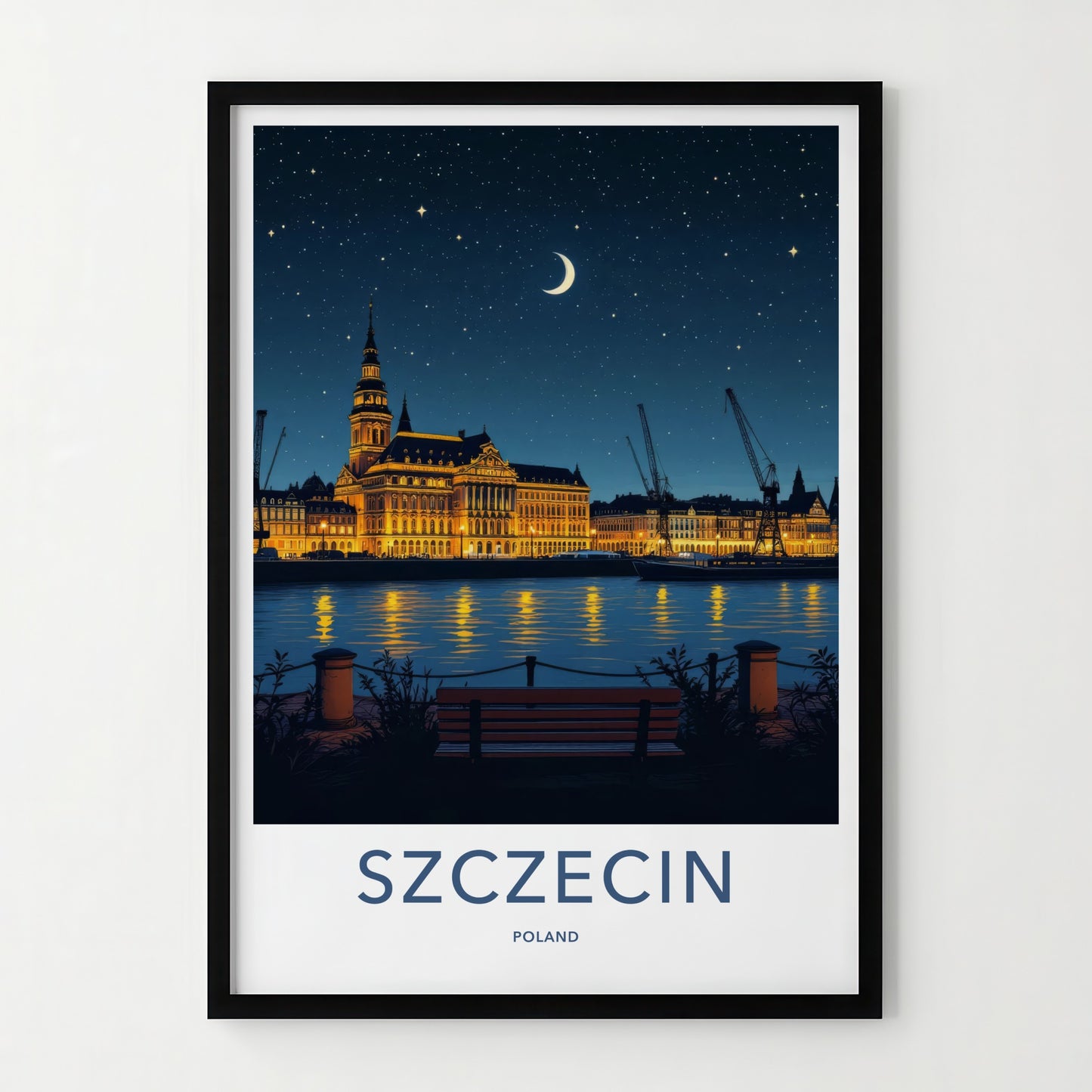 Szczecin Poster - Poland Travel Print - Illuminated Cityscape River Home Decor