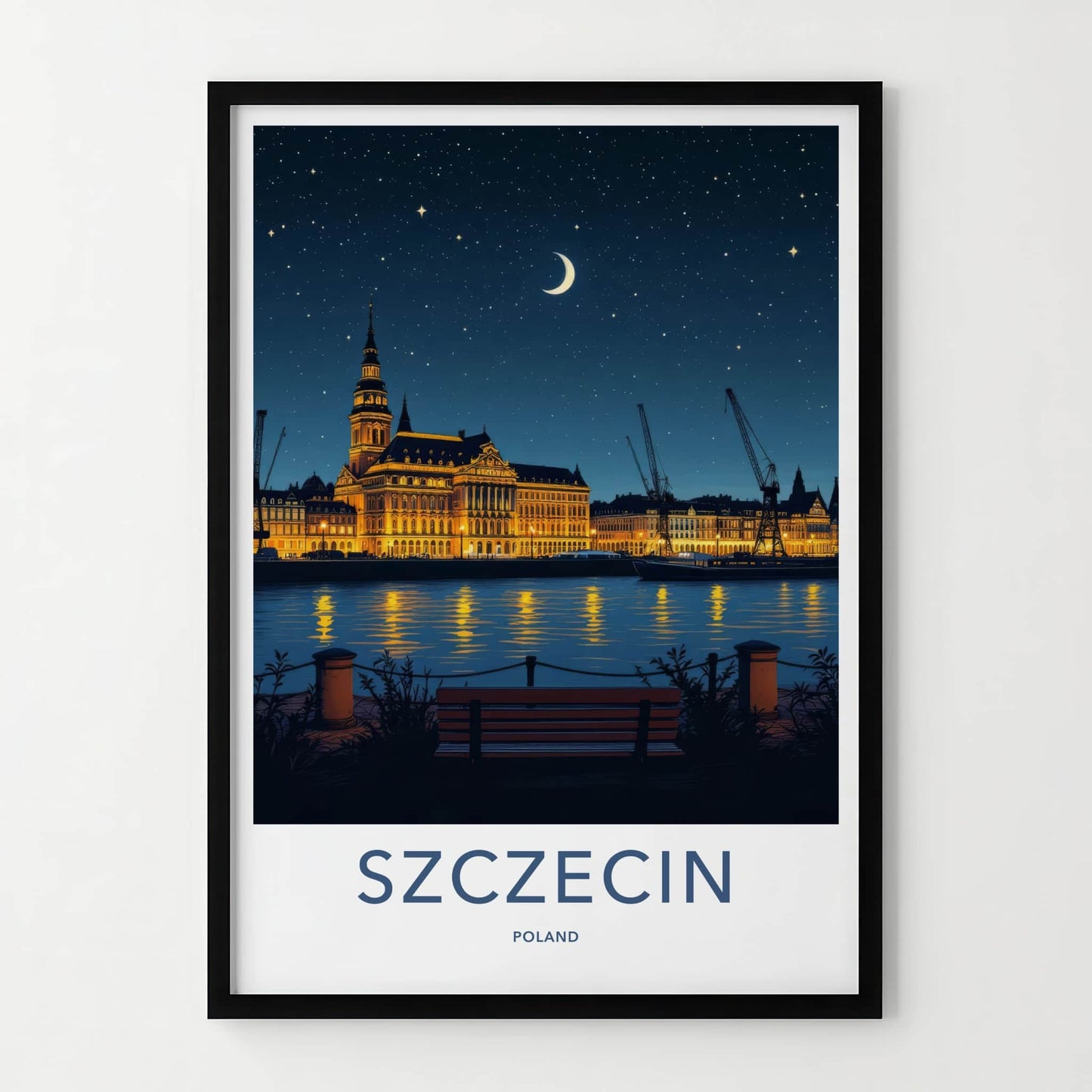 Szczecin Poster - Poland Travel Print - Illuminated Cityscape River Home Decor