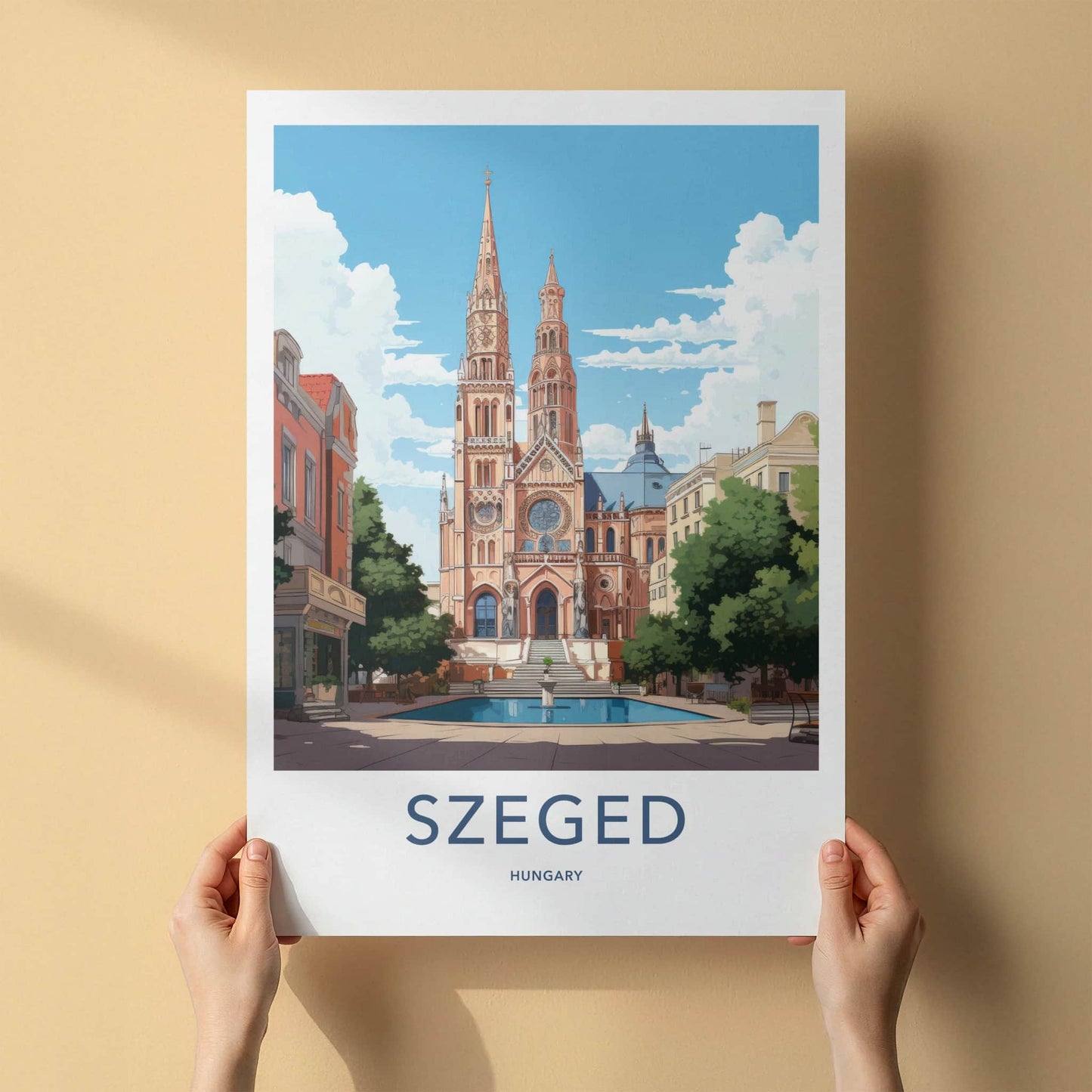 Szeged Poster - Hungary Travel Art - Grand Cathedral Fountain Home Decor