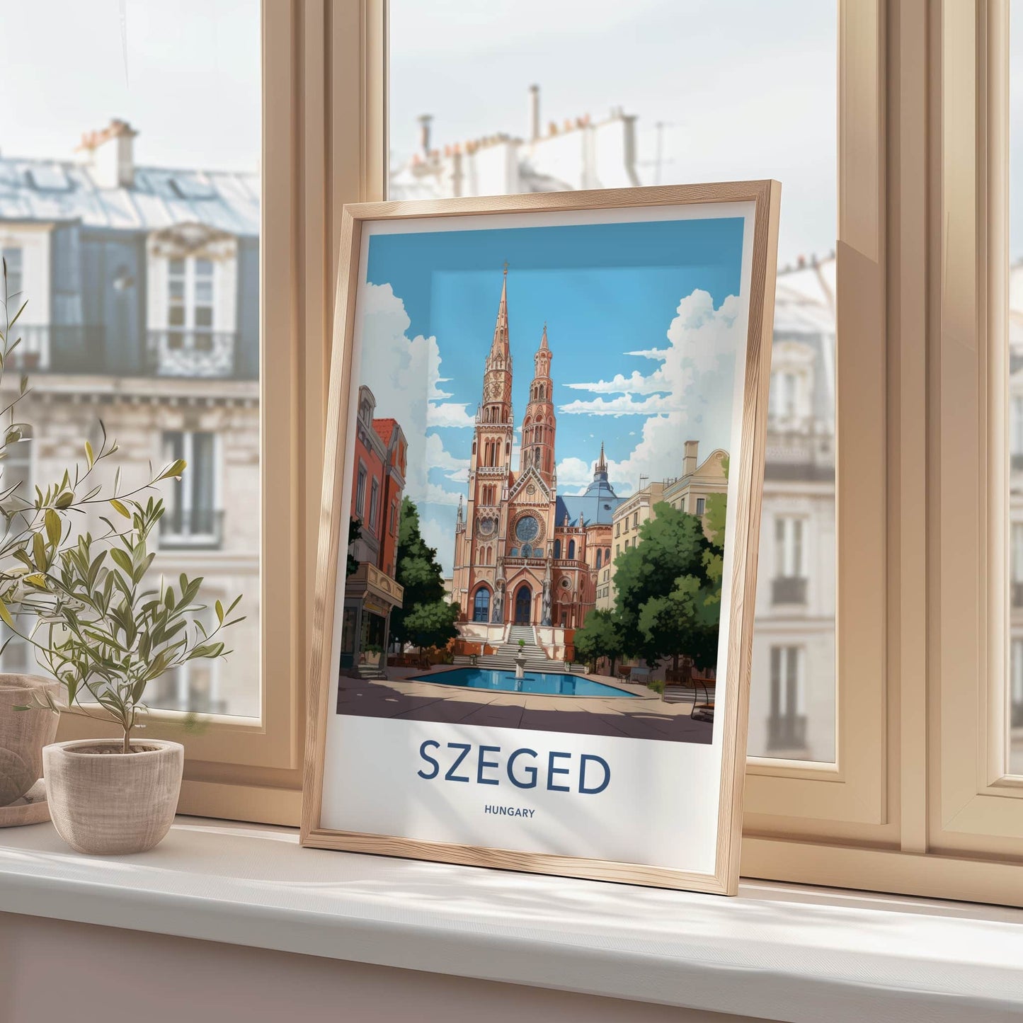 Szeged Poster - Hungary Travel Art - Grand Cathedral Fountain Home Decor