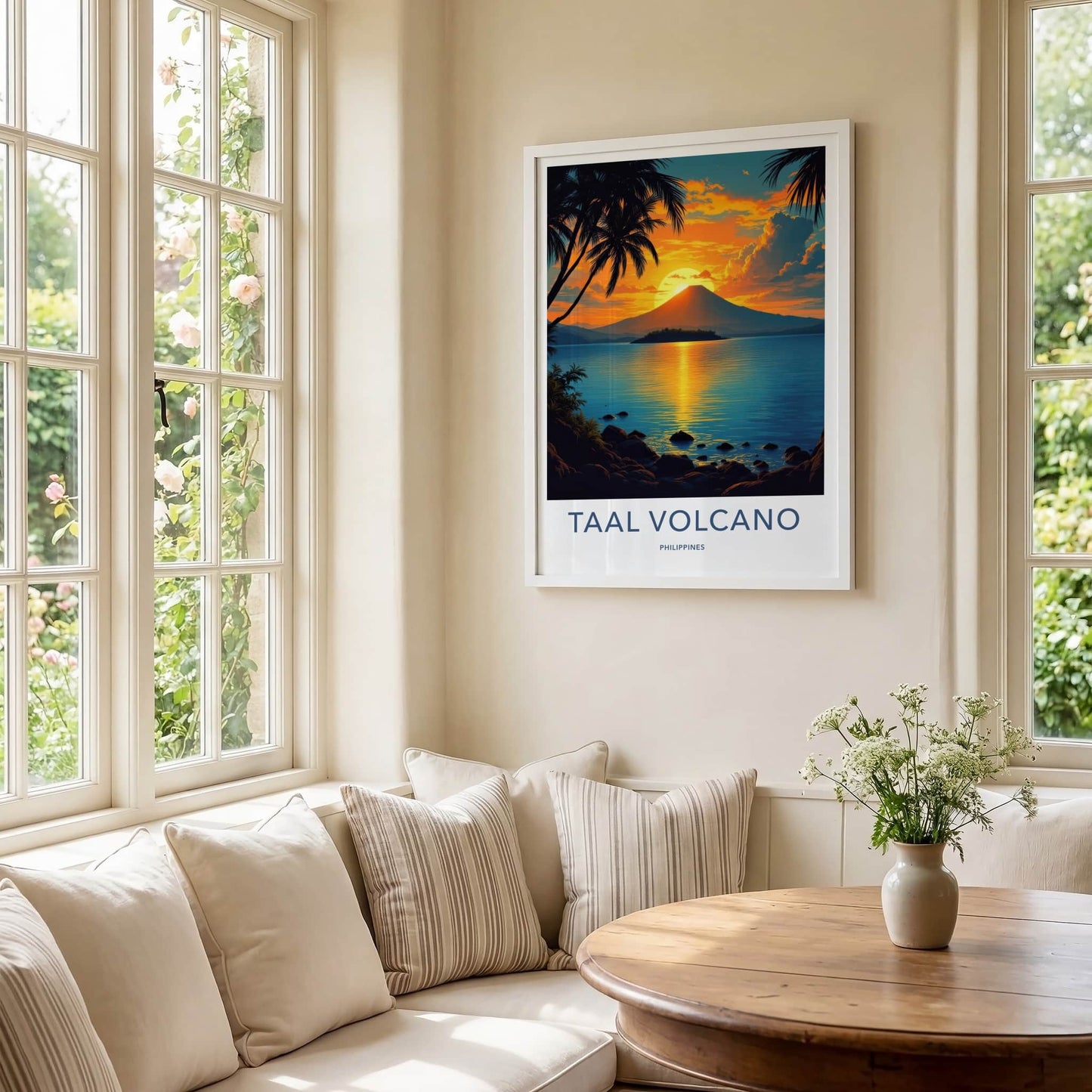Taal Volcano Poster - Philippines Travel Print - Volcano Sunset Palms Home Decor