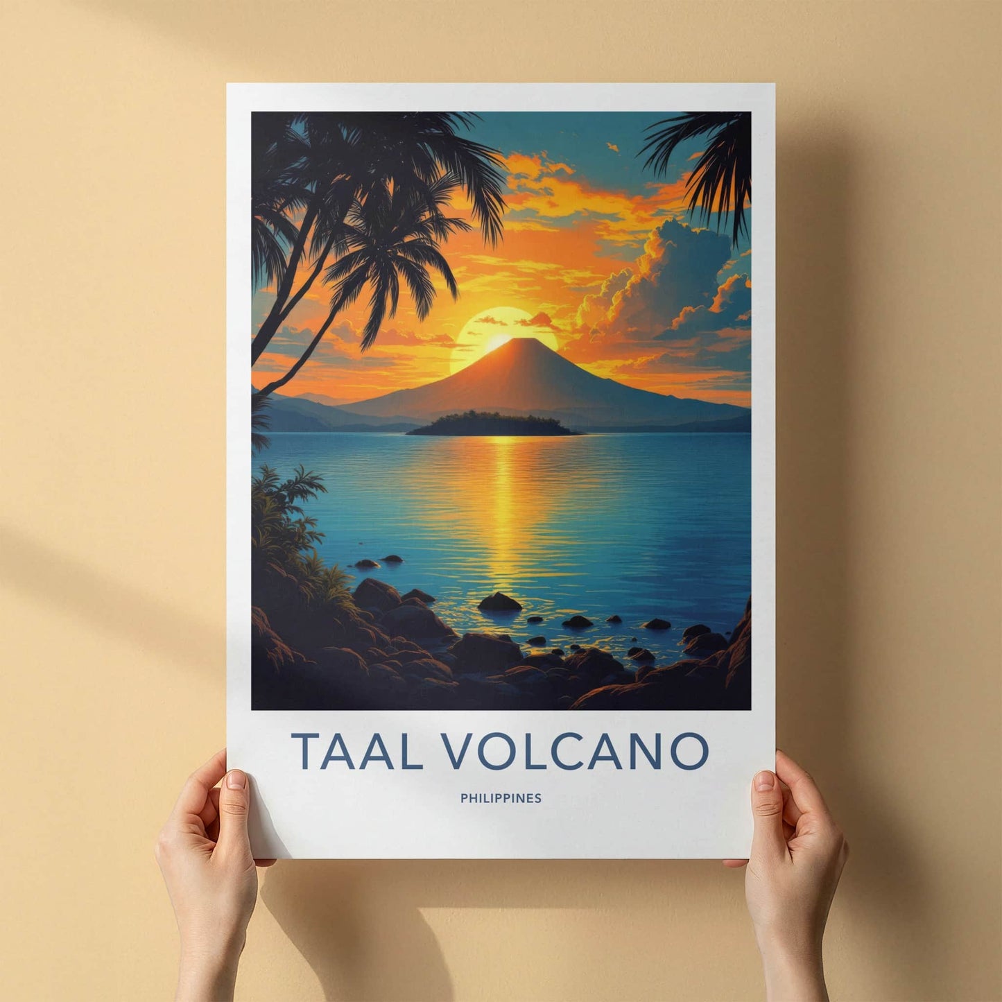 Taal Volcano Poster - Philippines Travel Print - Volcano Sunset Palms Home Decor