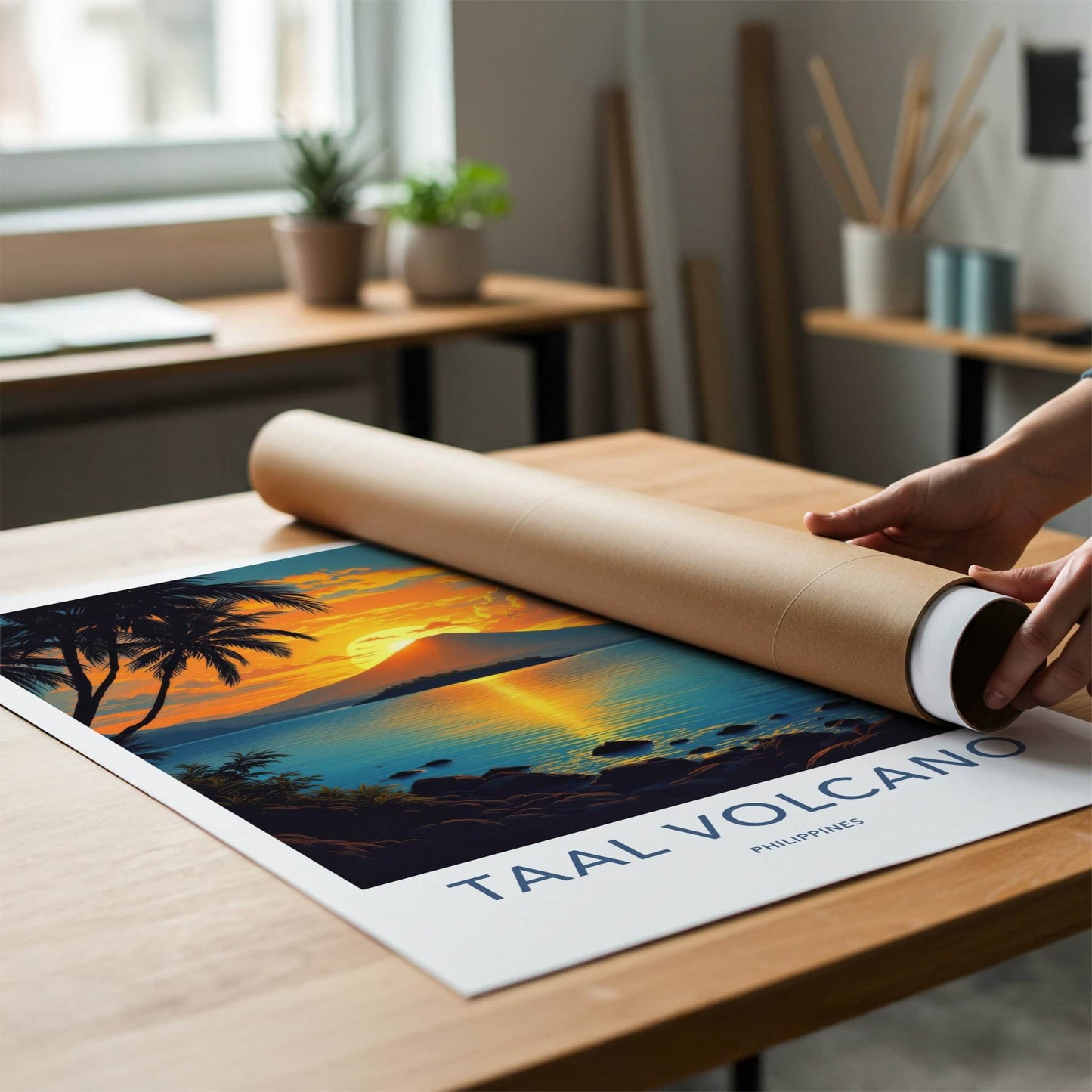 Taal Volcano Poster - Philippines Travel Print - Volcano Sunset Palms Home Decor
