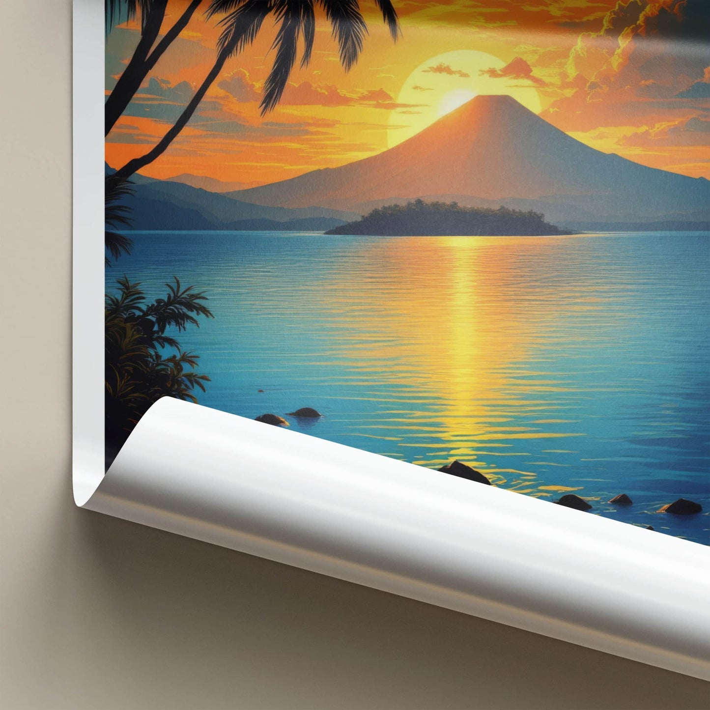 Taal Volcano Poster - Philippines Travel Print - Volcano Sunset Palms Home Decor