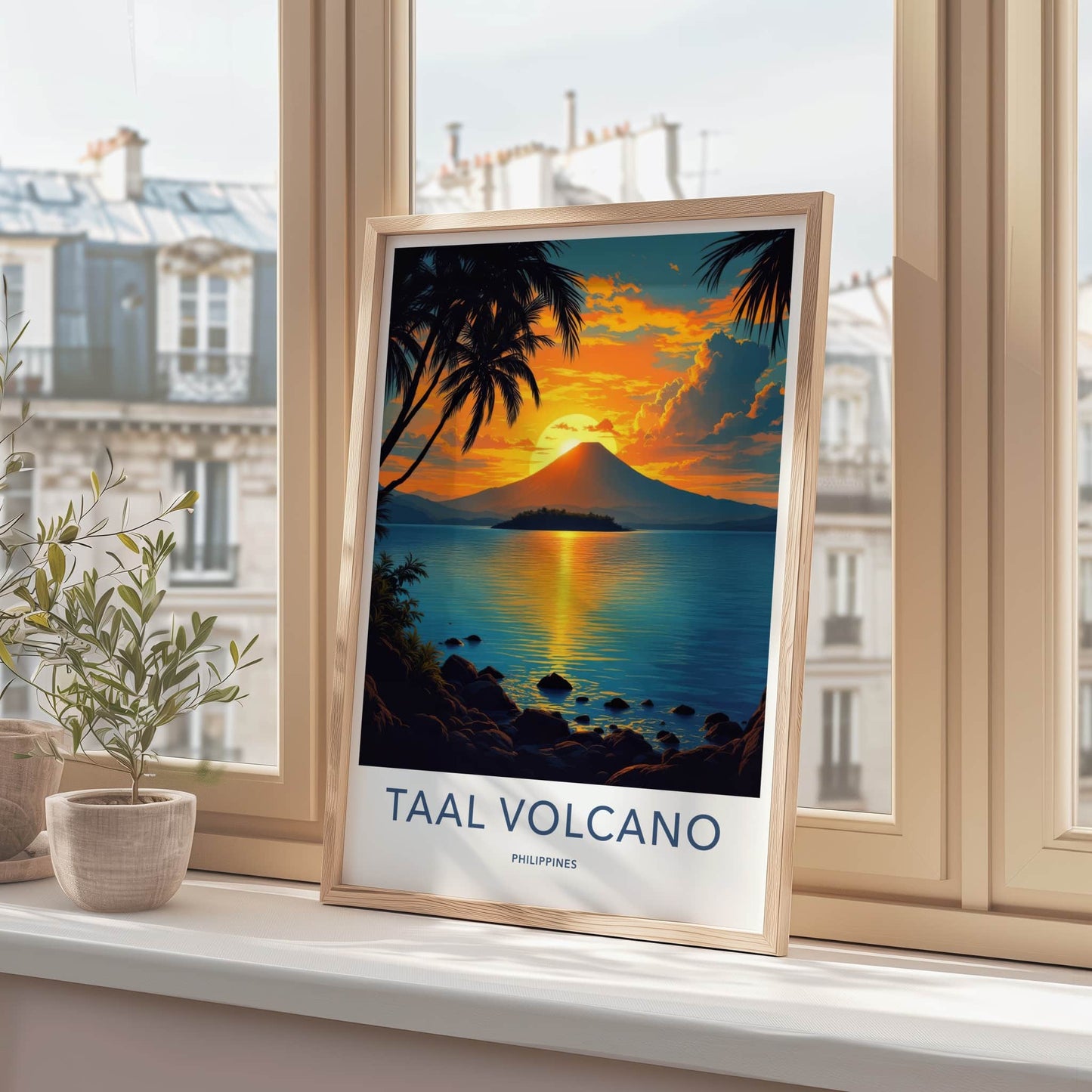 Taal Volcano Poster - Philippines Travel Print - Volcano Sunset Palms Home Decor