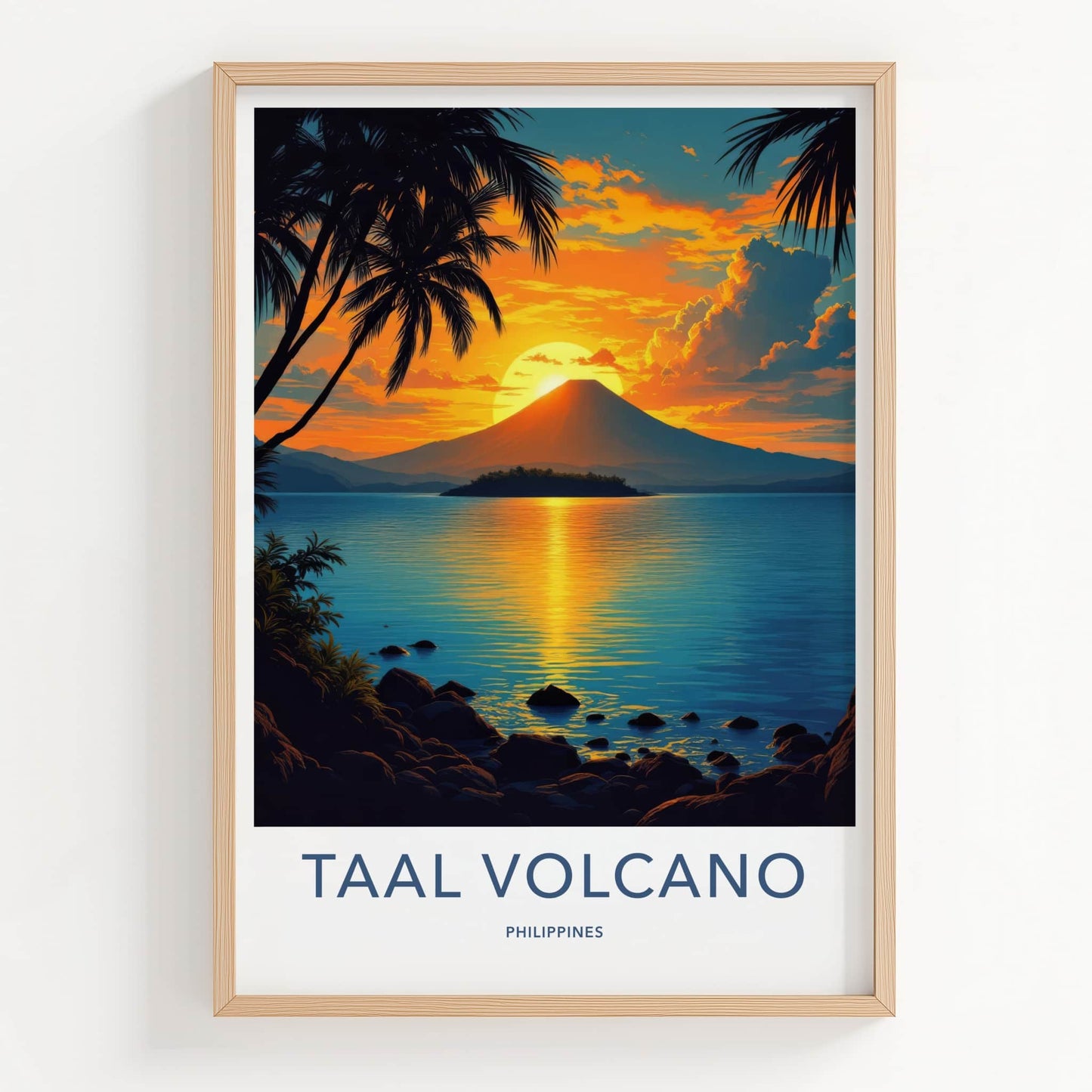Taal Volcano Poster - Philippines Travel Print - Volcano Sunset Palms Home Decor