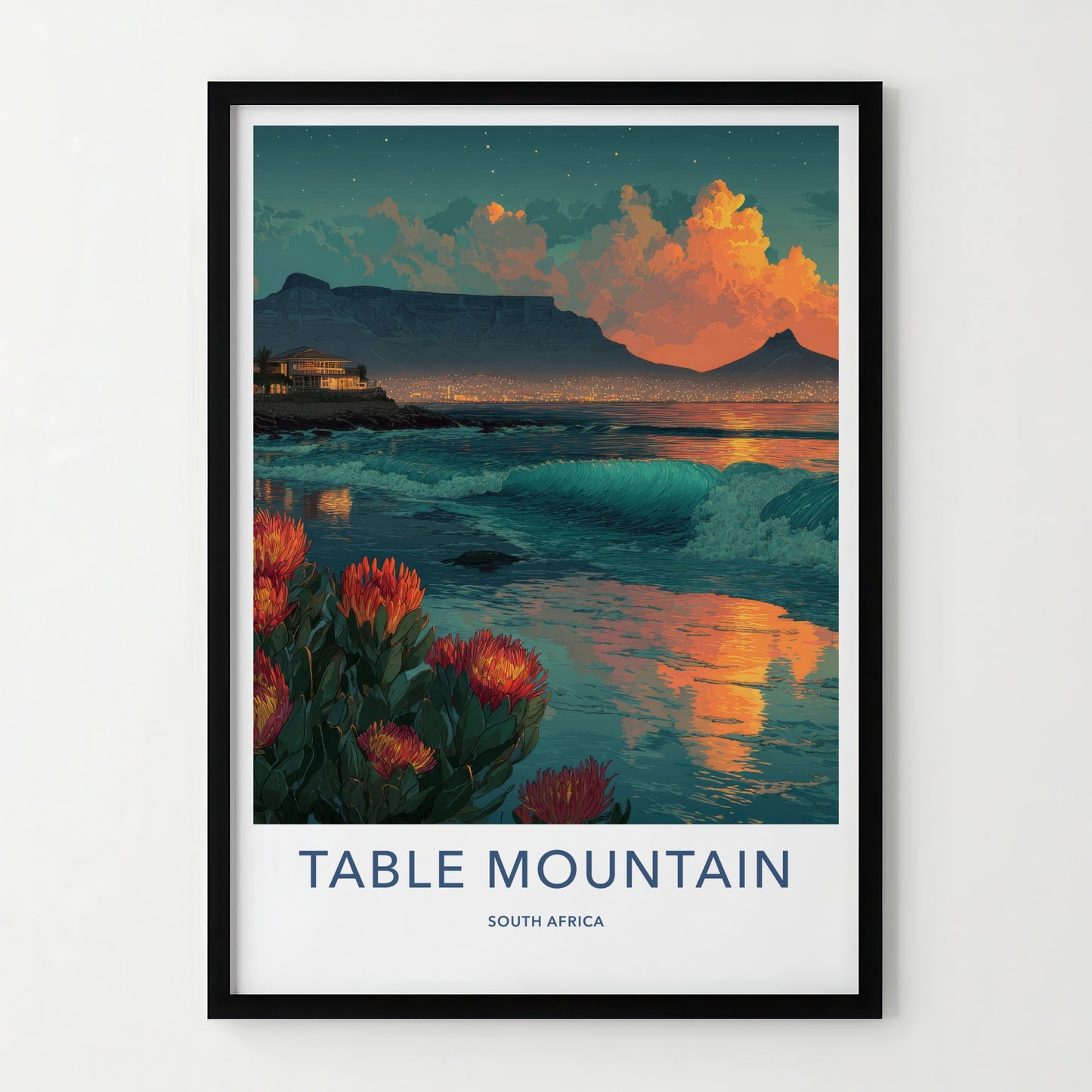 Table Mountain Poster - South Africa Sunset Kings Protea Wall Decor