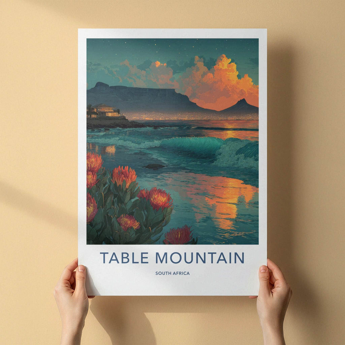 Table Mountain Poster - South Africa Sunset Kings Protea Wall Decor