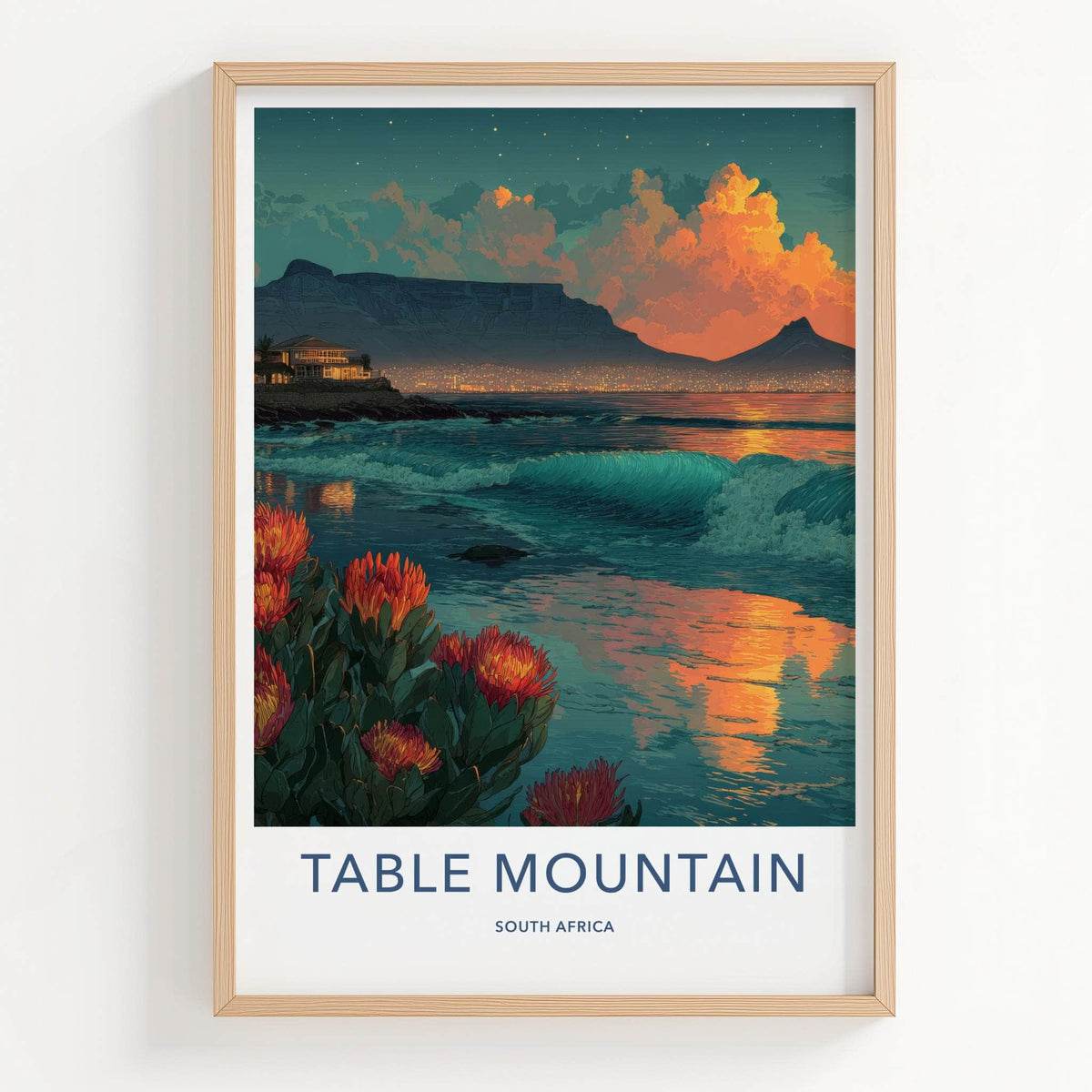 Table Mountain Poster - South Africa Sunset Kings Protea Wall Decor