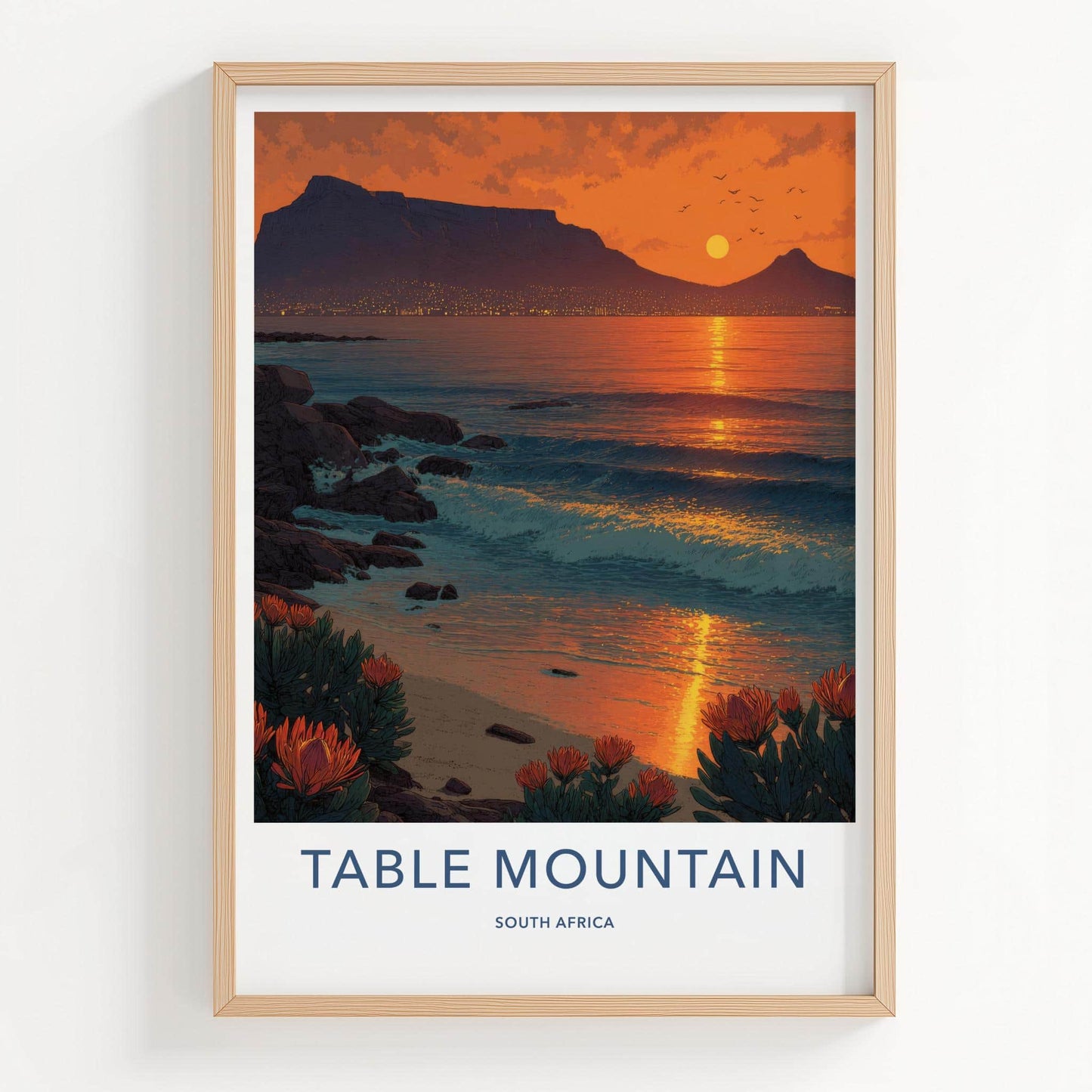 Table Mountain Poster - South Africa Travel Art - Coastal Protea Sunset Home Decor