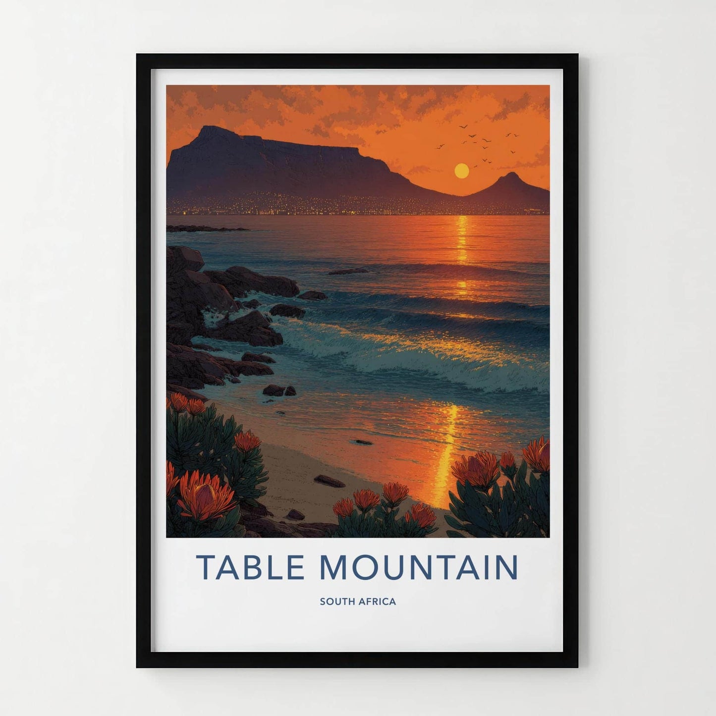 Table Mountain Poster - South Africa Travel Art - Coastal Protea Sunset Home Decor