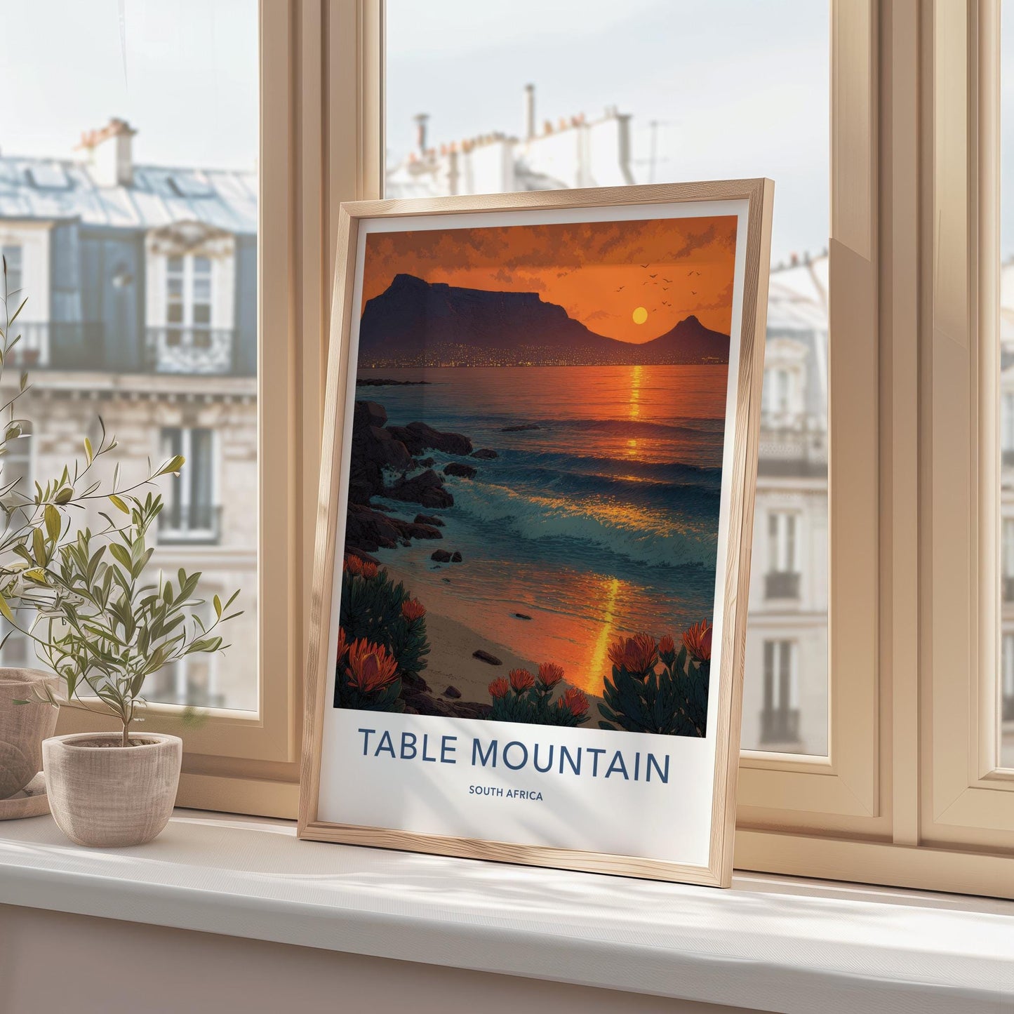 Table Mountain Poster - South Africa Travel Art - Coastal Protea Sunset Home Decor