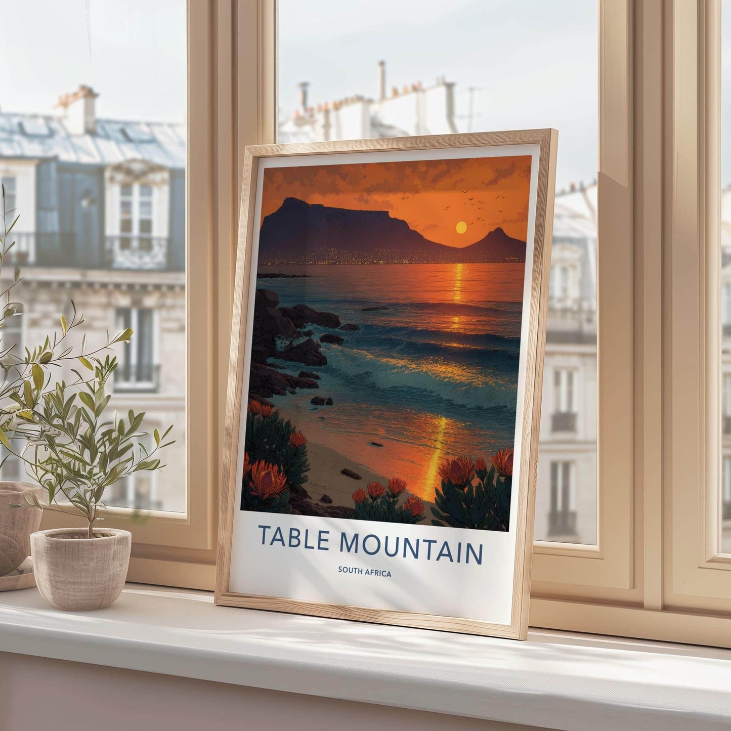 Table Mountain Poster - South Africa Travel Art - Coastal Protea Sunset Home Decor