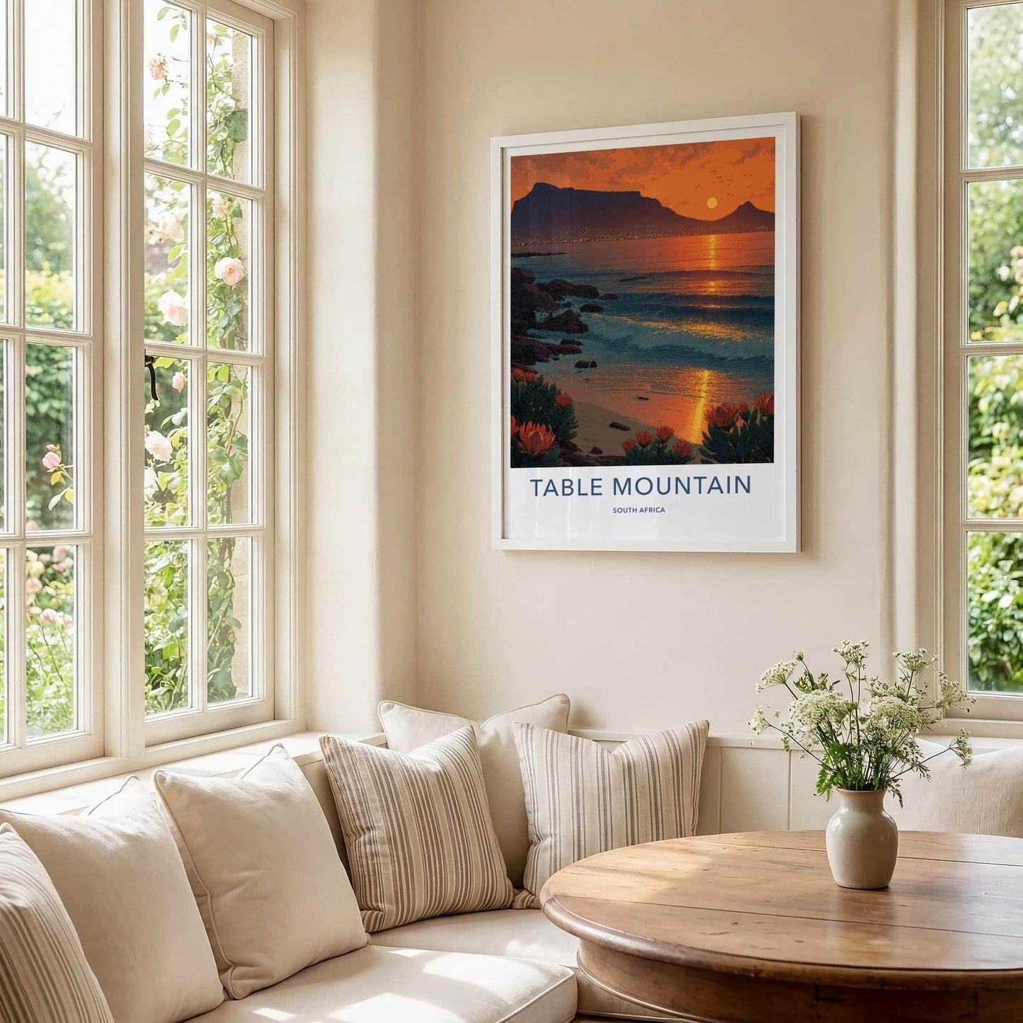 Table Mountain Poster - South Africa Travel Art - Coastal Protea Sunset Home Decor