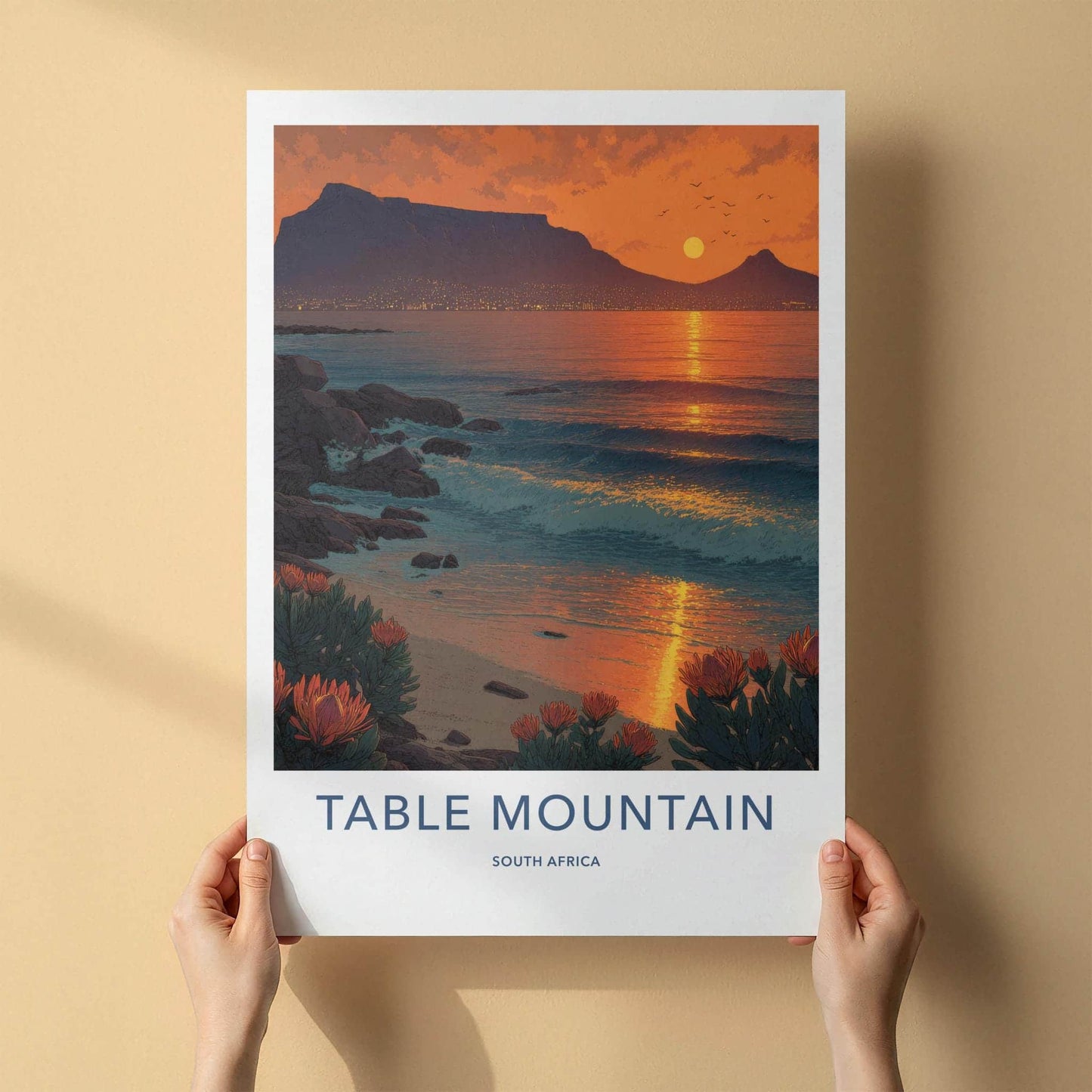 Table Mountain Poster - South Africa Travel Art - Coastal Protea Sunset Home Decor