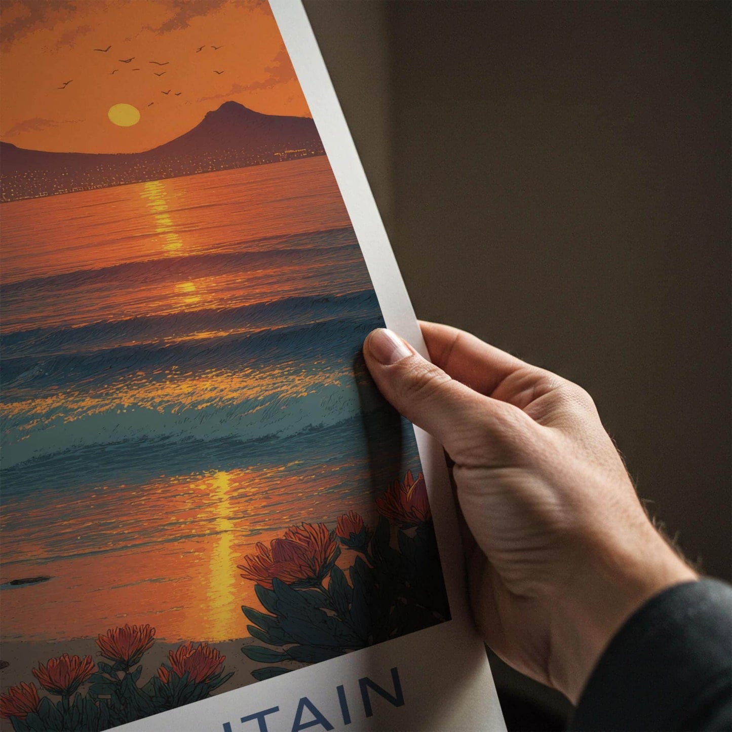 Table Mountain Poster - South Africa Travel Art - Coastal Protea Sunset Home Decor