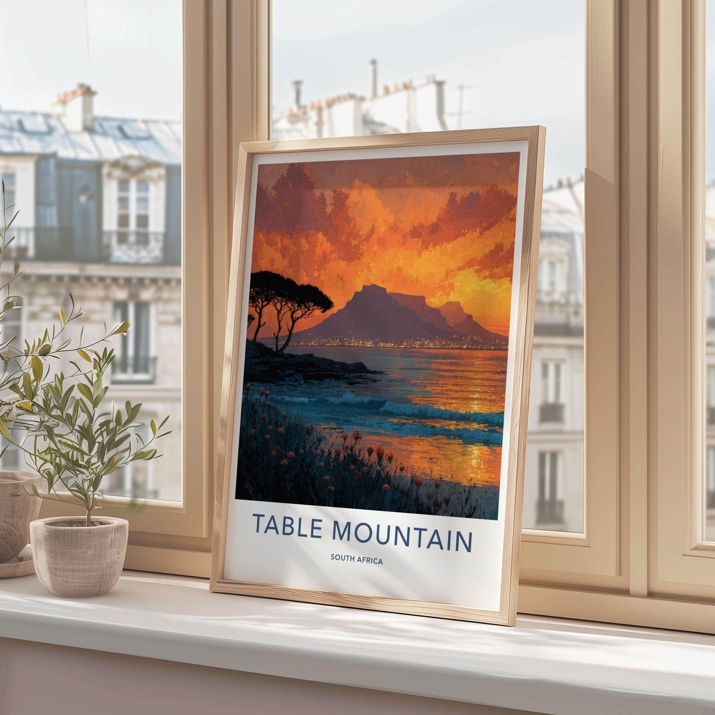 Table Mountain Poster - South Africa Travel Art - Mountain City Lights Home Decor