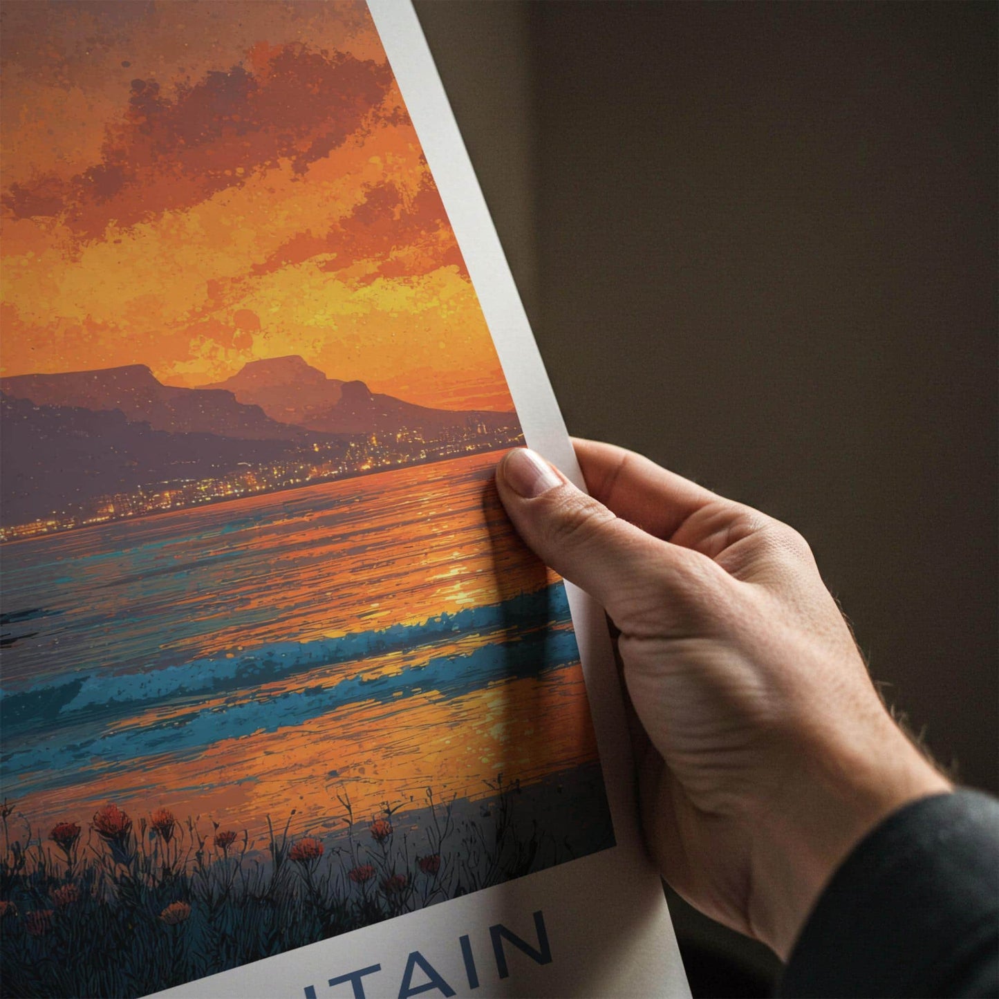 Table Mountain Poster - South Africa Travel Art - Mountain City Lights Home Decor