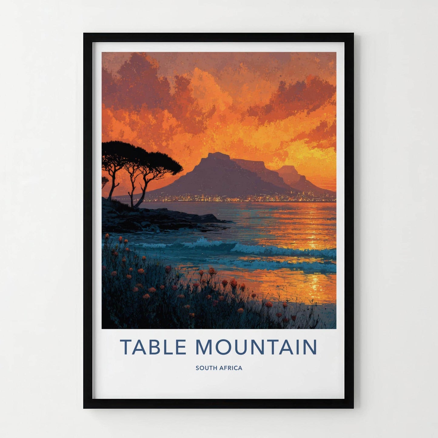Table Mountain Poster - South Africa Travel Art - Mountain City Lights Home Decor