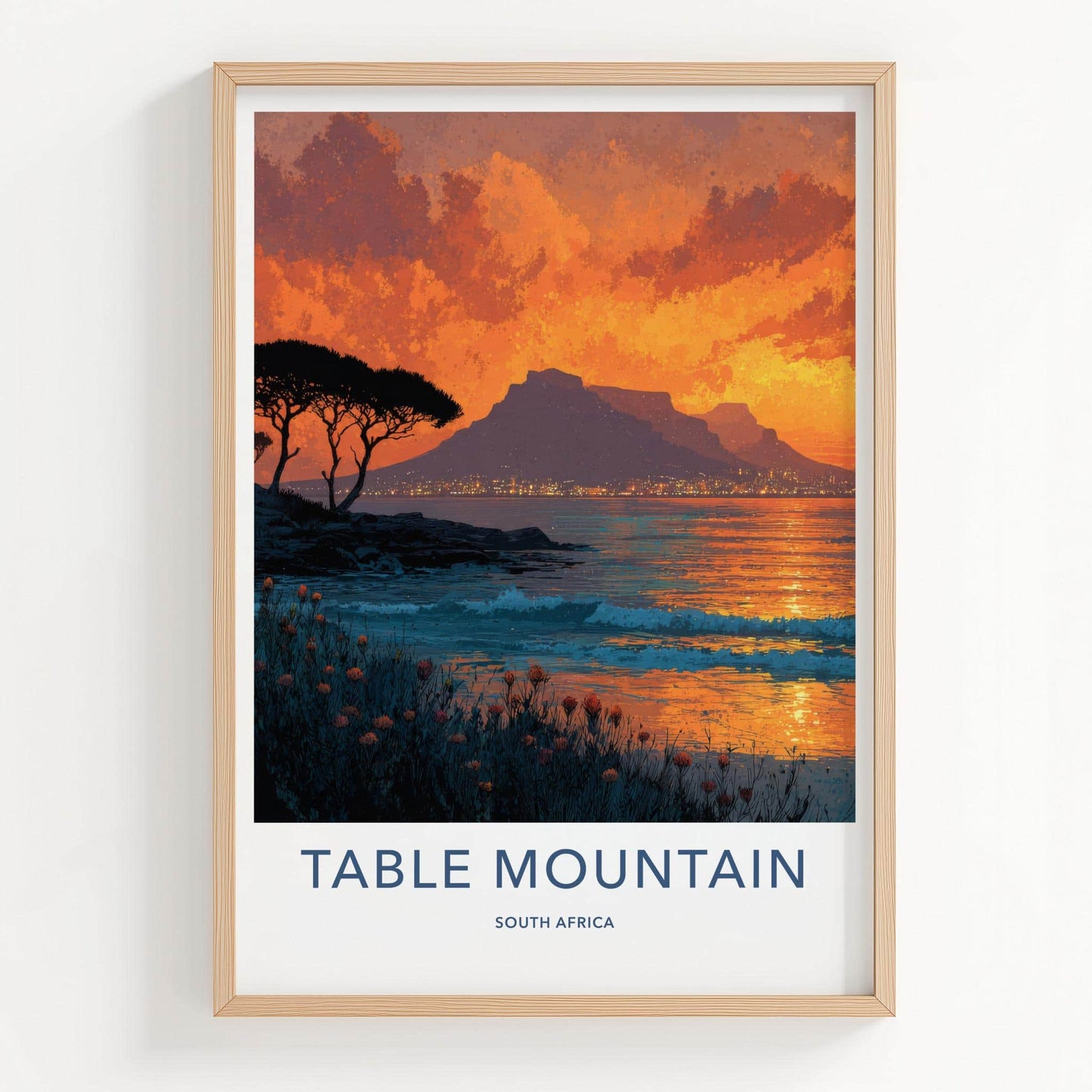Table Mountain Poster - South Africa Travel Art - Mountain City Lights Home Decor