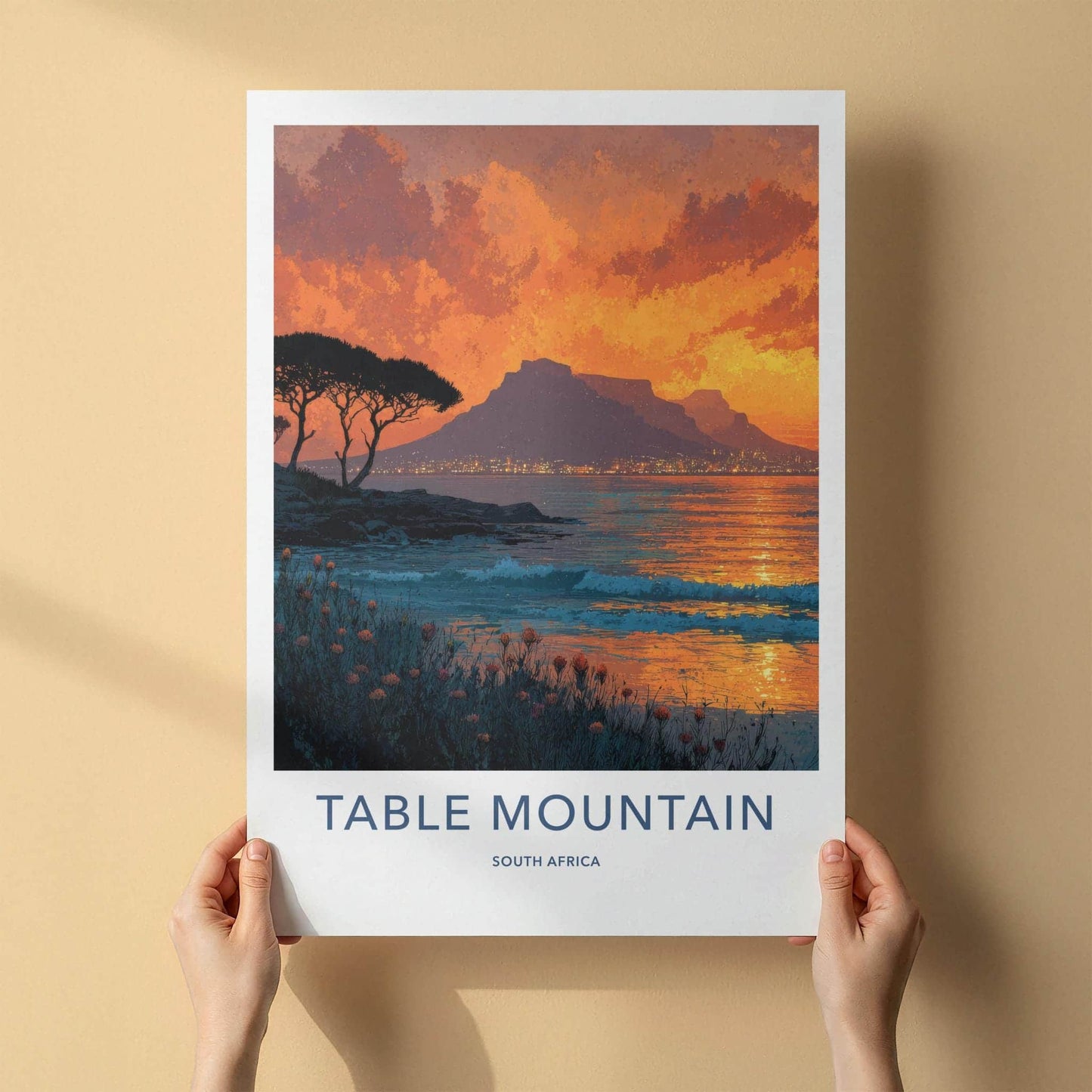 Table Mountain Poster - South Africa Travel Art - Mountain City Lights Home Decor