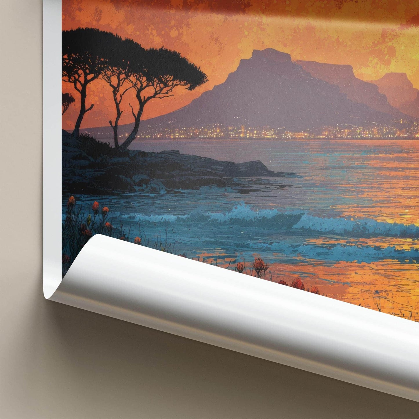 Table Mountain Poster - South Africa Travel Art - Mountain City Lights Home Decor