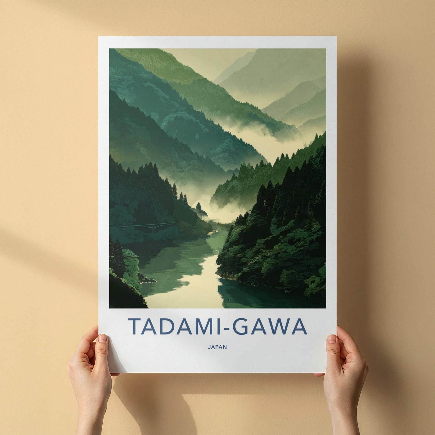 Tadami-Gawa Poster - Japan Travel Art - Misty Green Mountains Home Decor