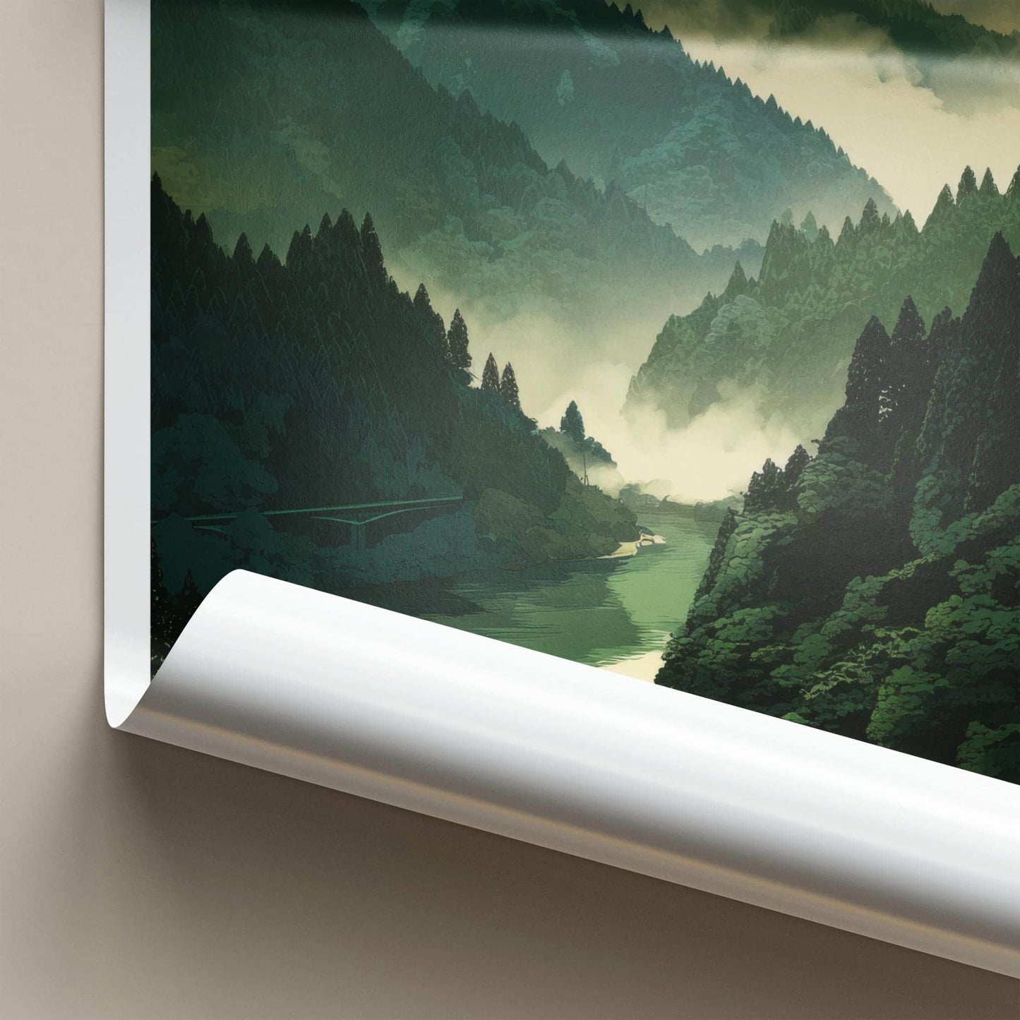 Tadami-Gawa Poster - Japan Travel Art - Misty Green Mountains Home Decor