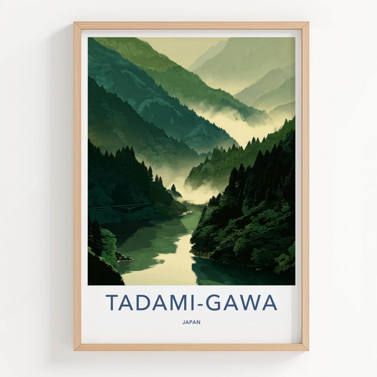 Tadami-Gawa Poster - Japan Travel Art - Misty Green Mountains Home Decor
