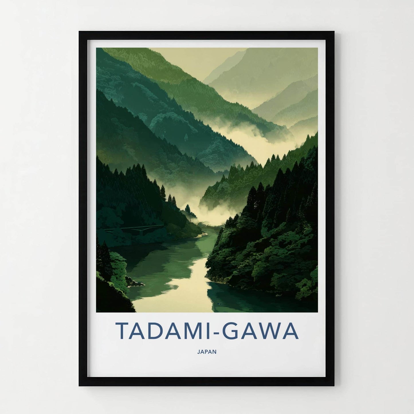 Tadami-Gawa Poster - Japan Travel Art - Misty Green Mountains Home Decor