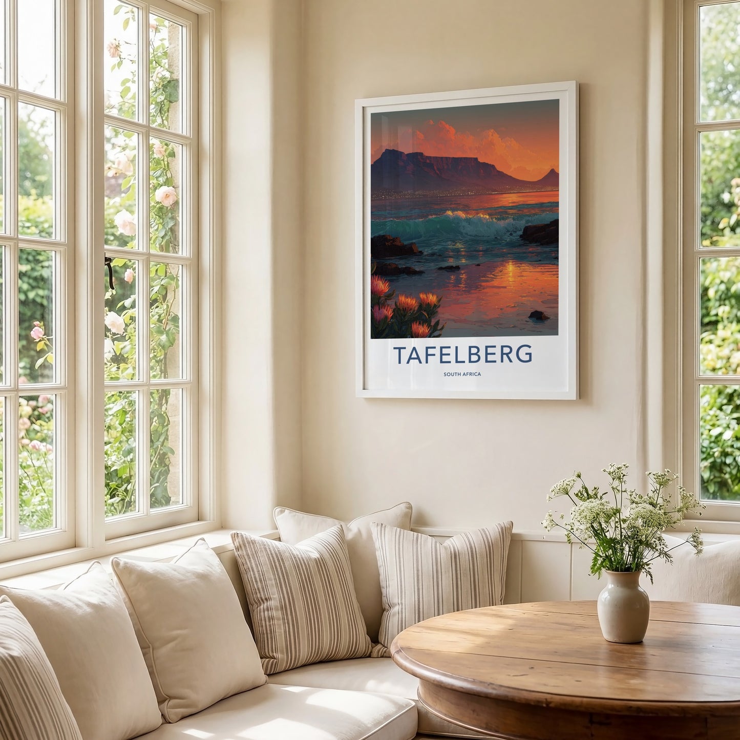 Tafelberg Poster - South Africa Mountain Ocean Proteas Wall Art