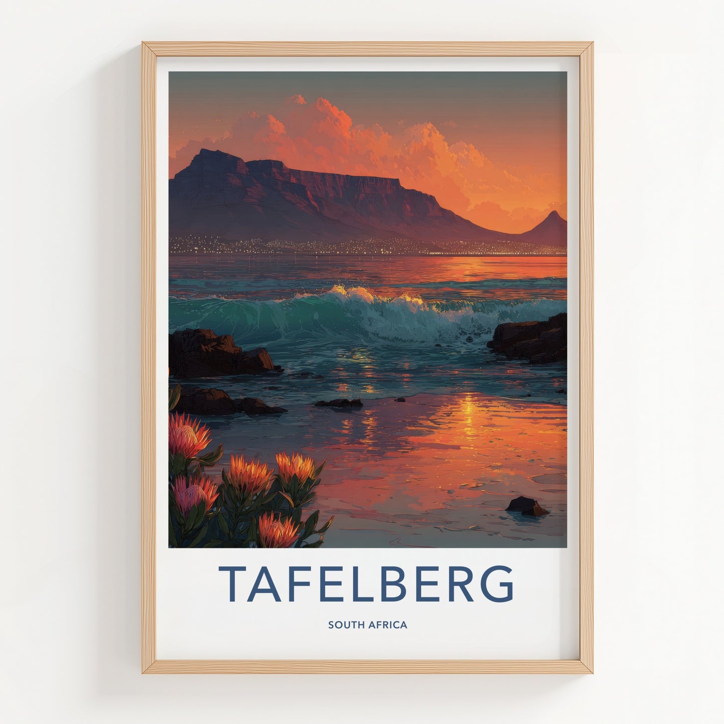 Tafelberg Poster - South Africa Mountain Ocean Proteas Wall Art