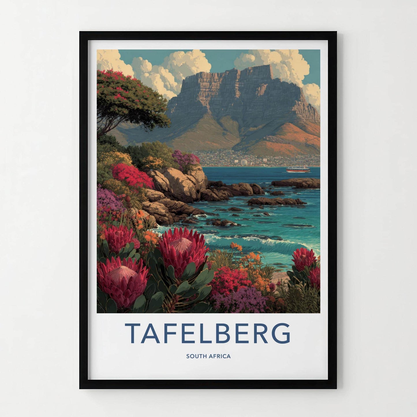 Tafelberg Poster - South Africa Travel Art - Coastal Protea Bloom Wall Decor