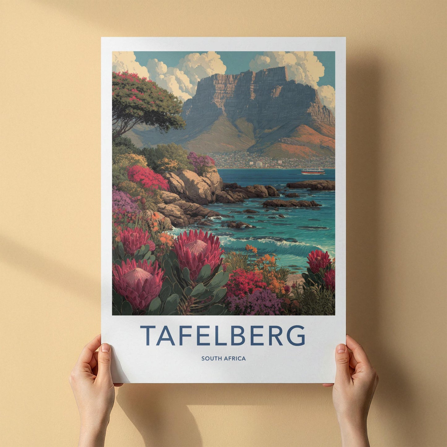 Tafelberg Poster - South Africa Travel Art - Coastal Protea Bloom Wall Decor
