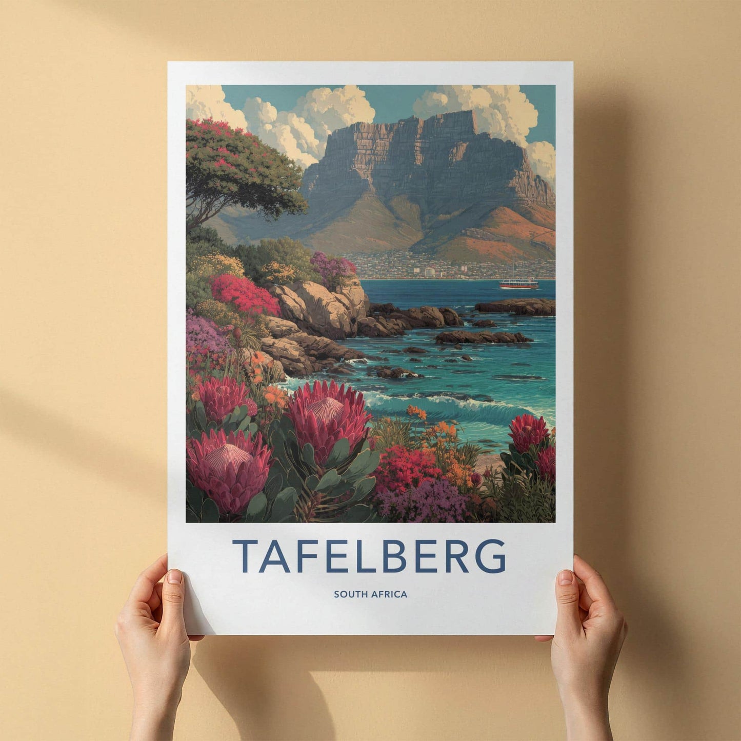 Tafelberg Poster - South Africa Travel Art - Coastal Protea Bloom Wall Decor
