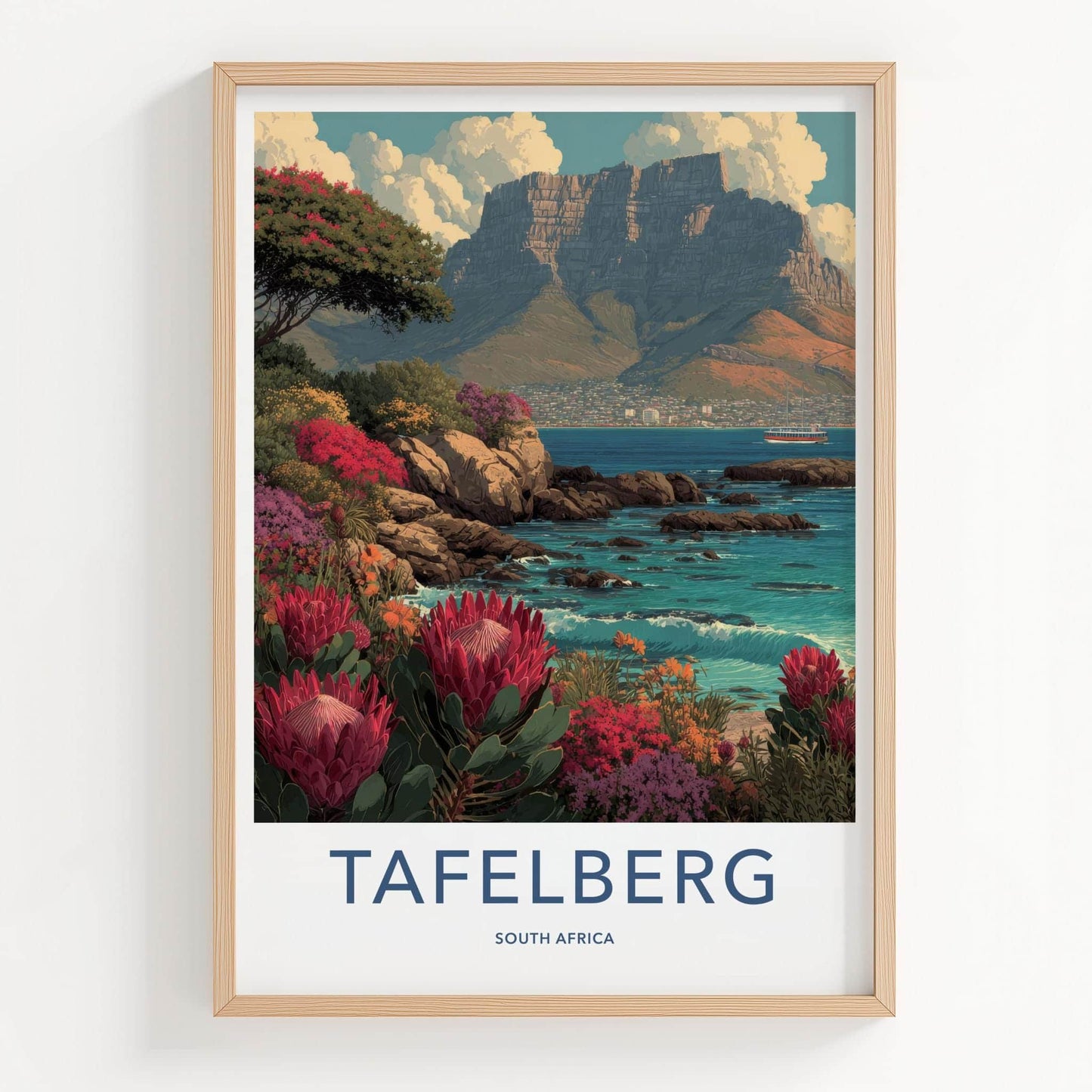 Tafelberg Poster - South Africa Travel Art - Coastal Protea Bloom Wall Decor