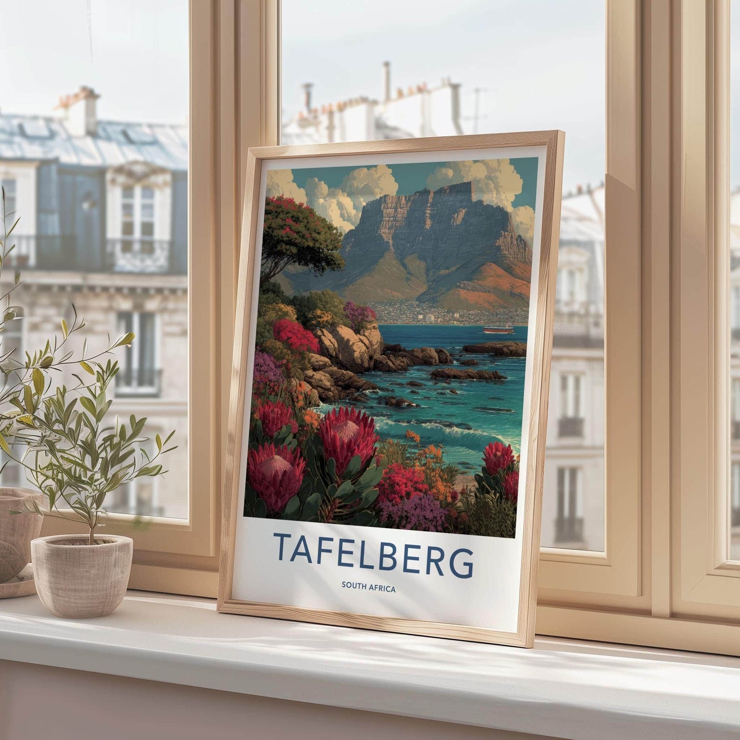 Tafelberg Poster - South Africa Travel Art - Coastal Protea Bloom Wall Decor