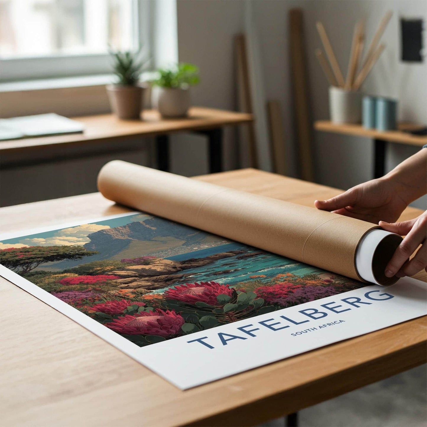 Tafelberg Poster - South Africa Travel Art - Coastal Protea Bloom Wall Decor