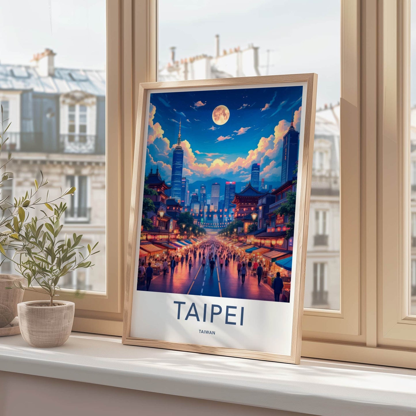 Taipei Poster - Taiwan Framed Print - Vibrant Moonlit Skyline Lounge Decor