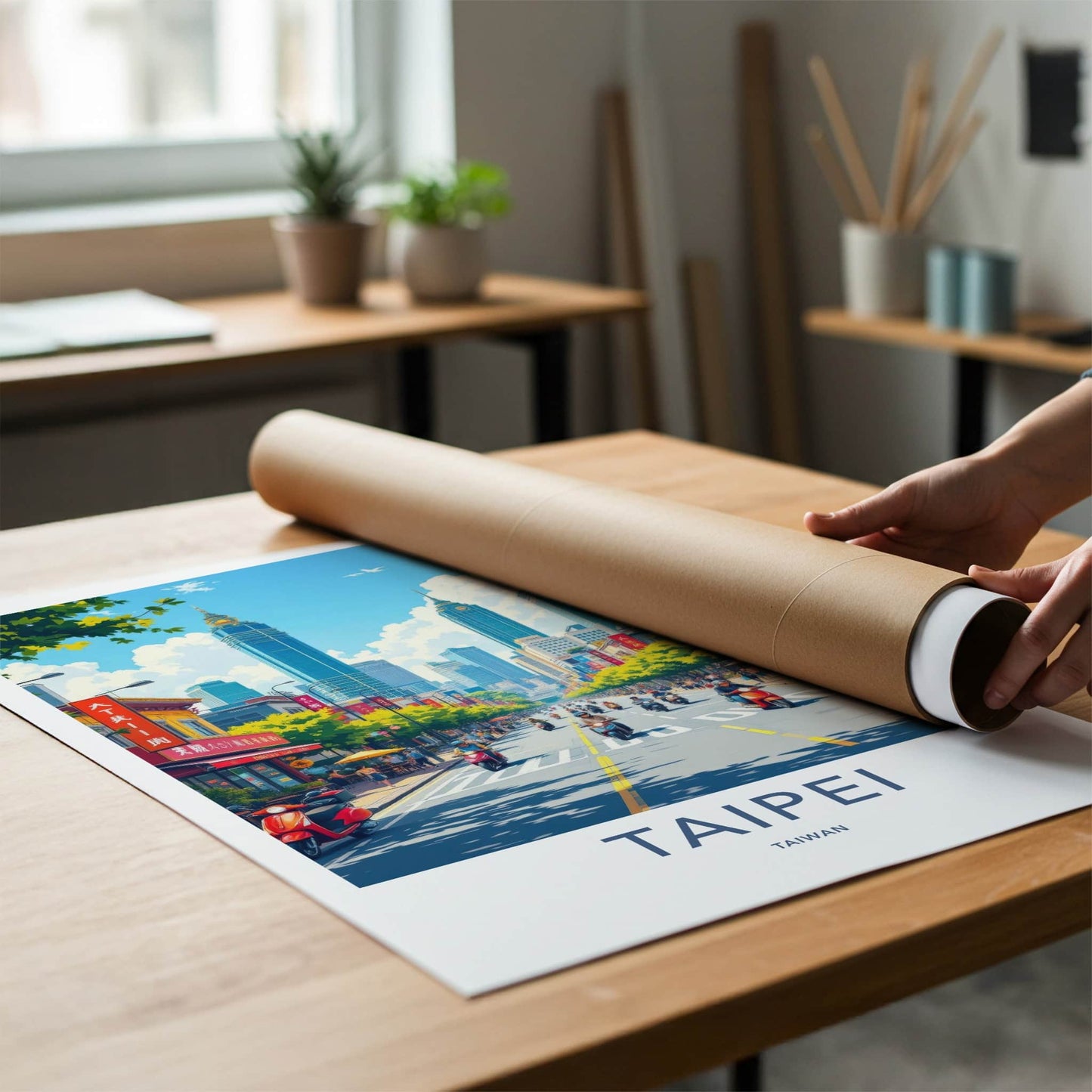 Taipei Poster - Taiwan Travel Art - Bustling Scooter Traffic Home Decor