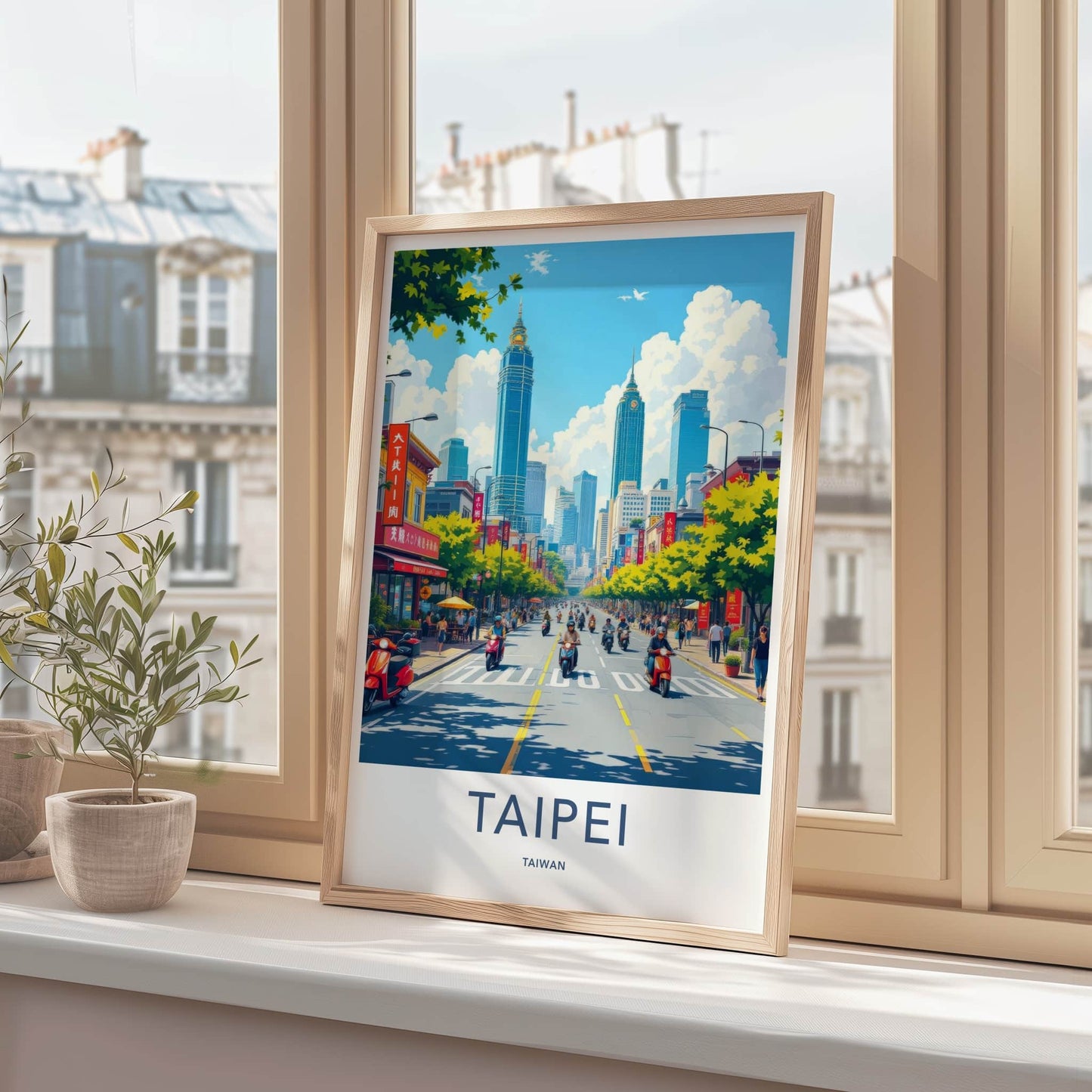 Taipei Poster - Taiwan Travel Art - Bustling Scooter Traffic Home Decor