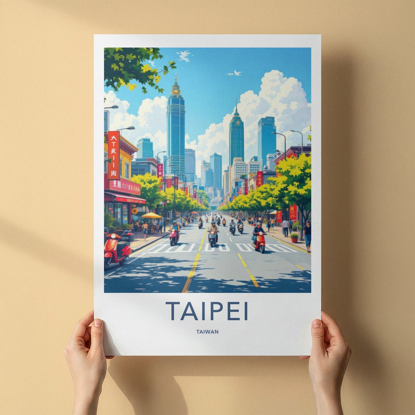 Taipei Poster - Taiwan Travel Art - Bustling Scooter Traffic Home Decor