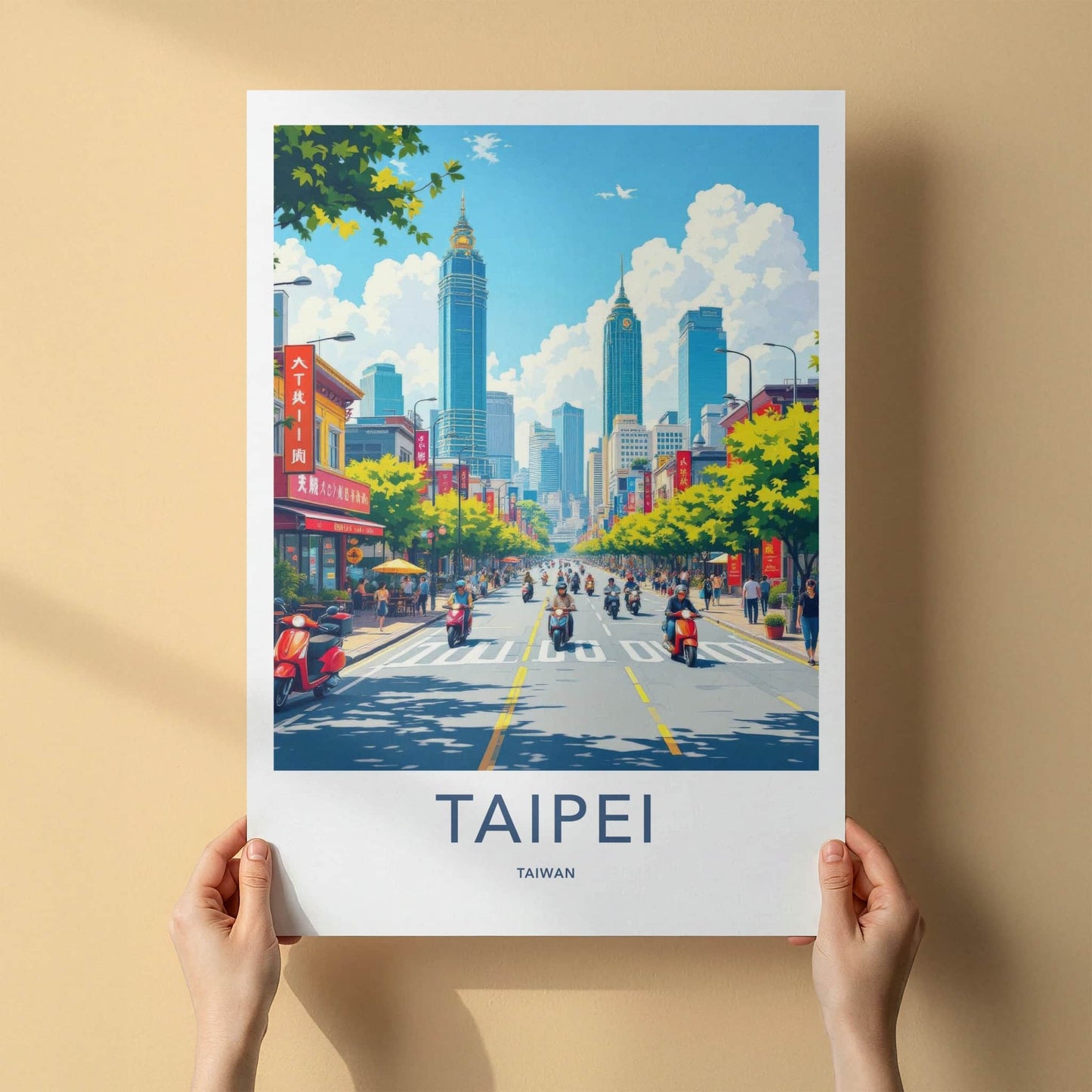 Taipei Poster - Taiwan Travel Art - Bustling Scooter Traffic Home Decor