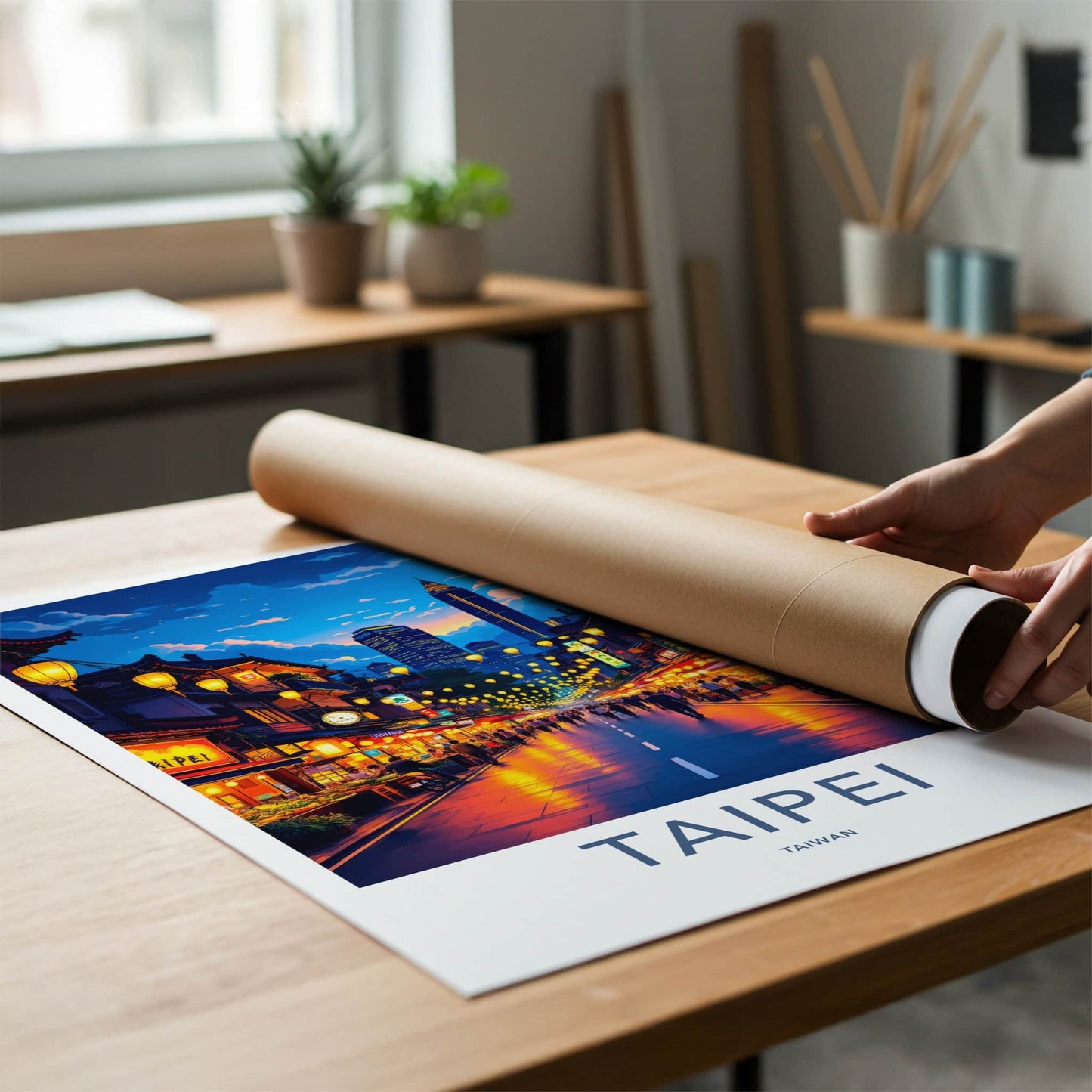 Taipei Poster - Taiwan Travel Art - Illuminated City Street Home Decor